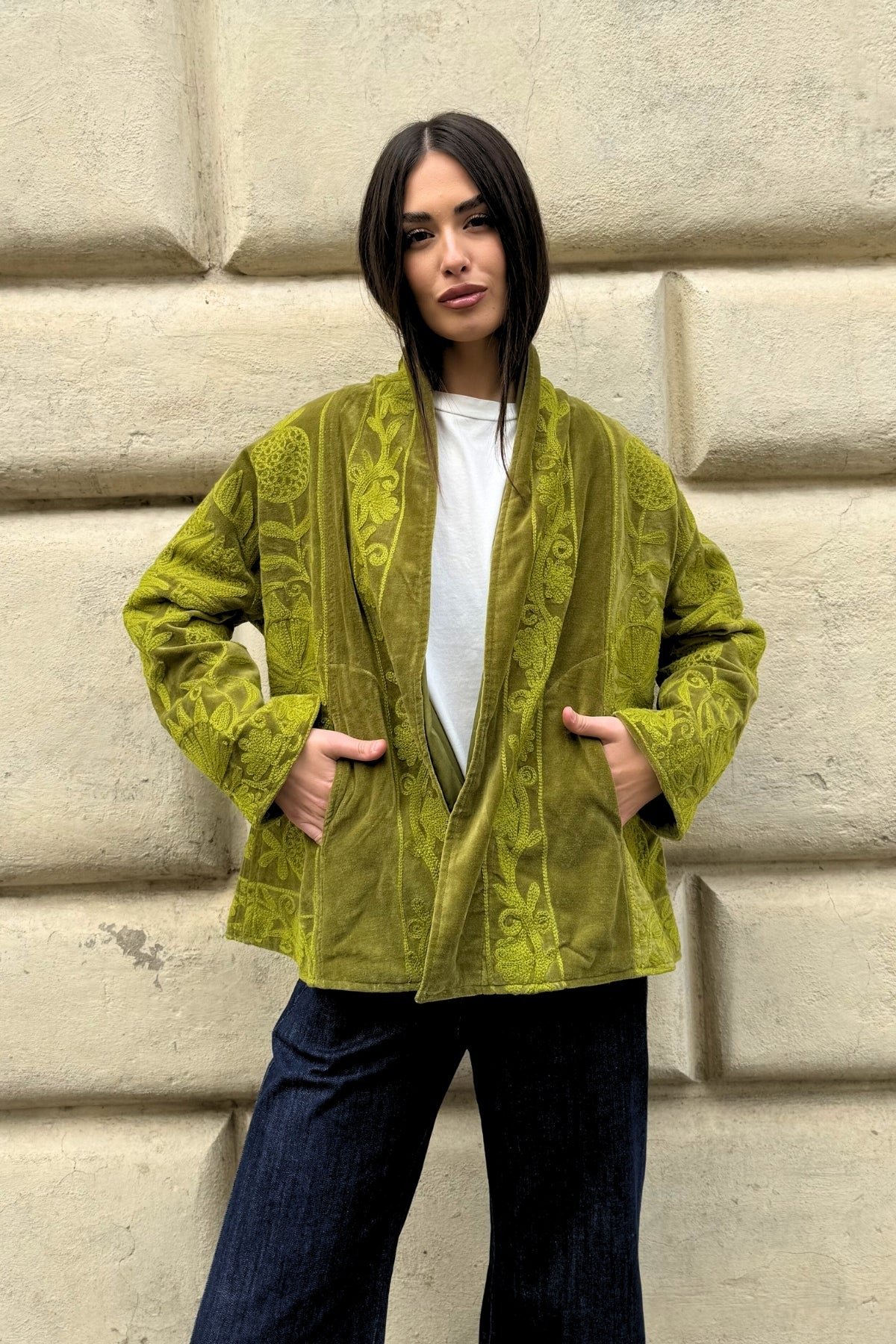 ARTEFILIA-MILANO - giacca uma velluto ricamato - ATACAMA LIME