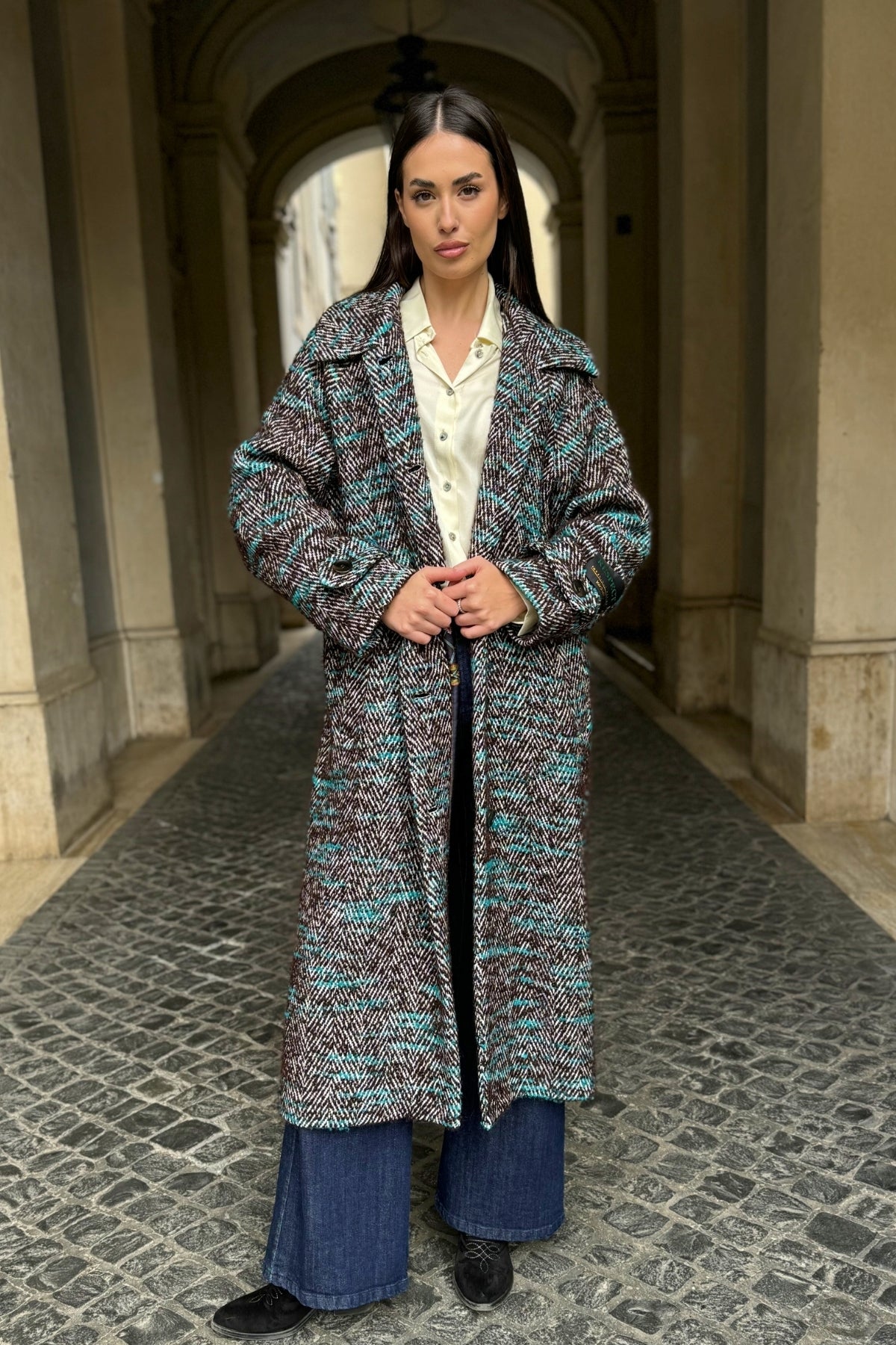 WU-SIDE - cappotto spigato - MARRONE TIFFANY