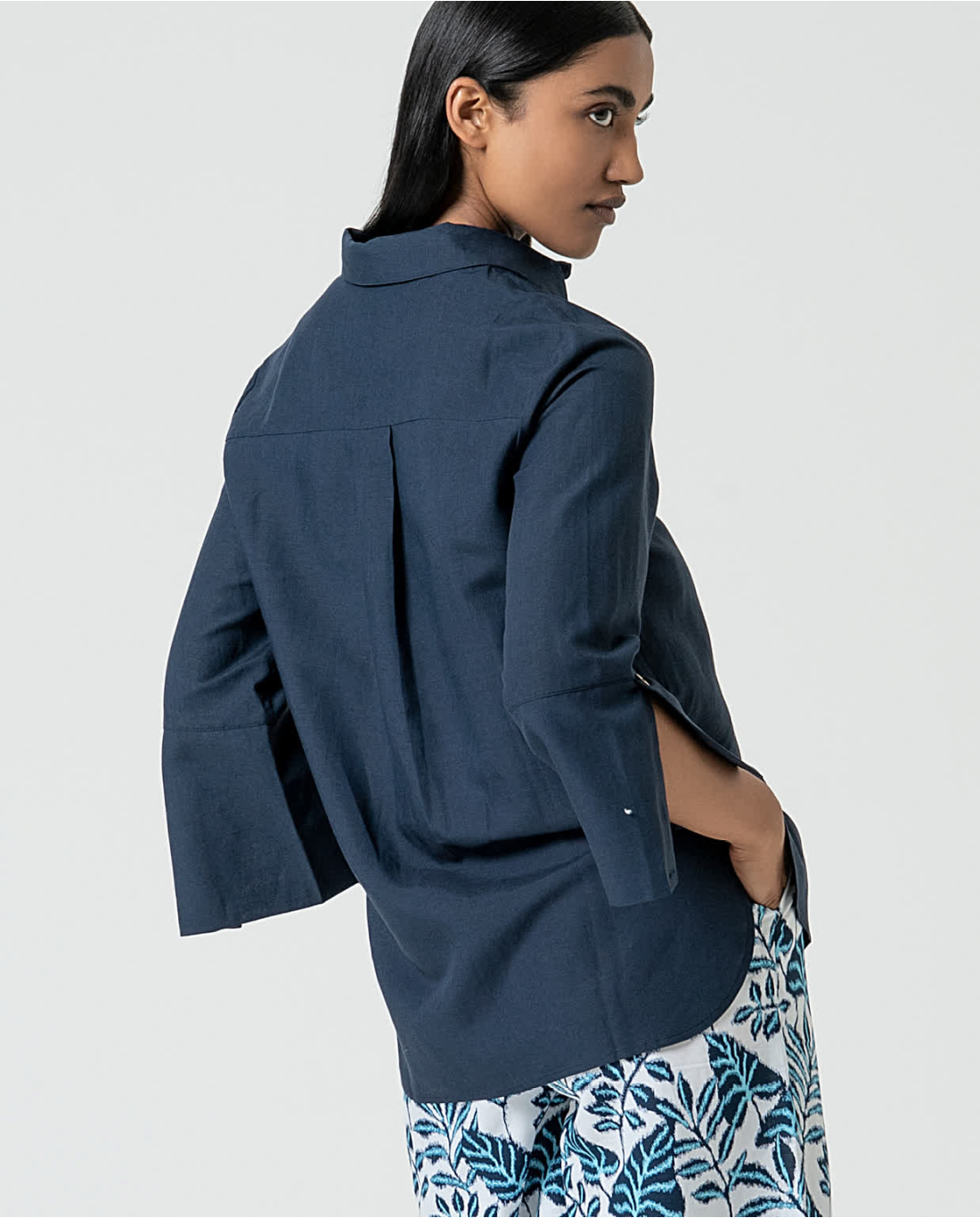 SURKANA - camicia manica 3/4 lino - MARINO