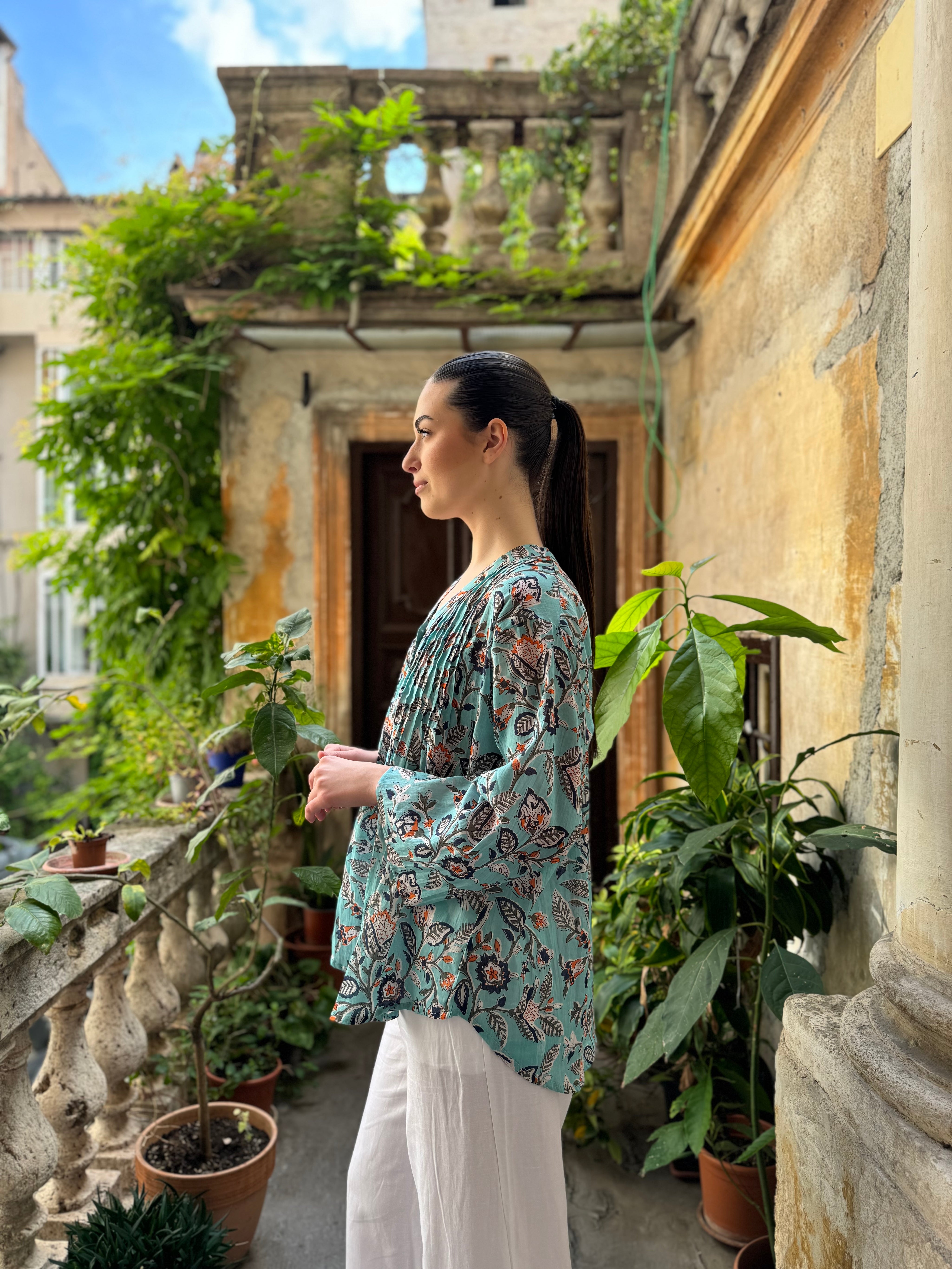 ARTEFILIA - blusa mussola di cotone eva - TURCHESE FLOWERS