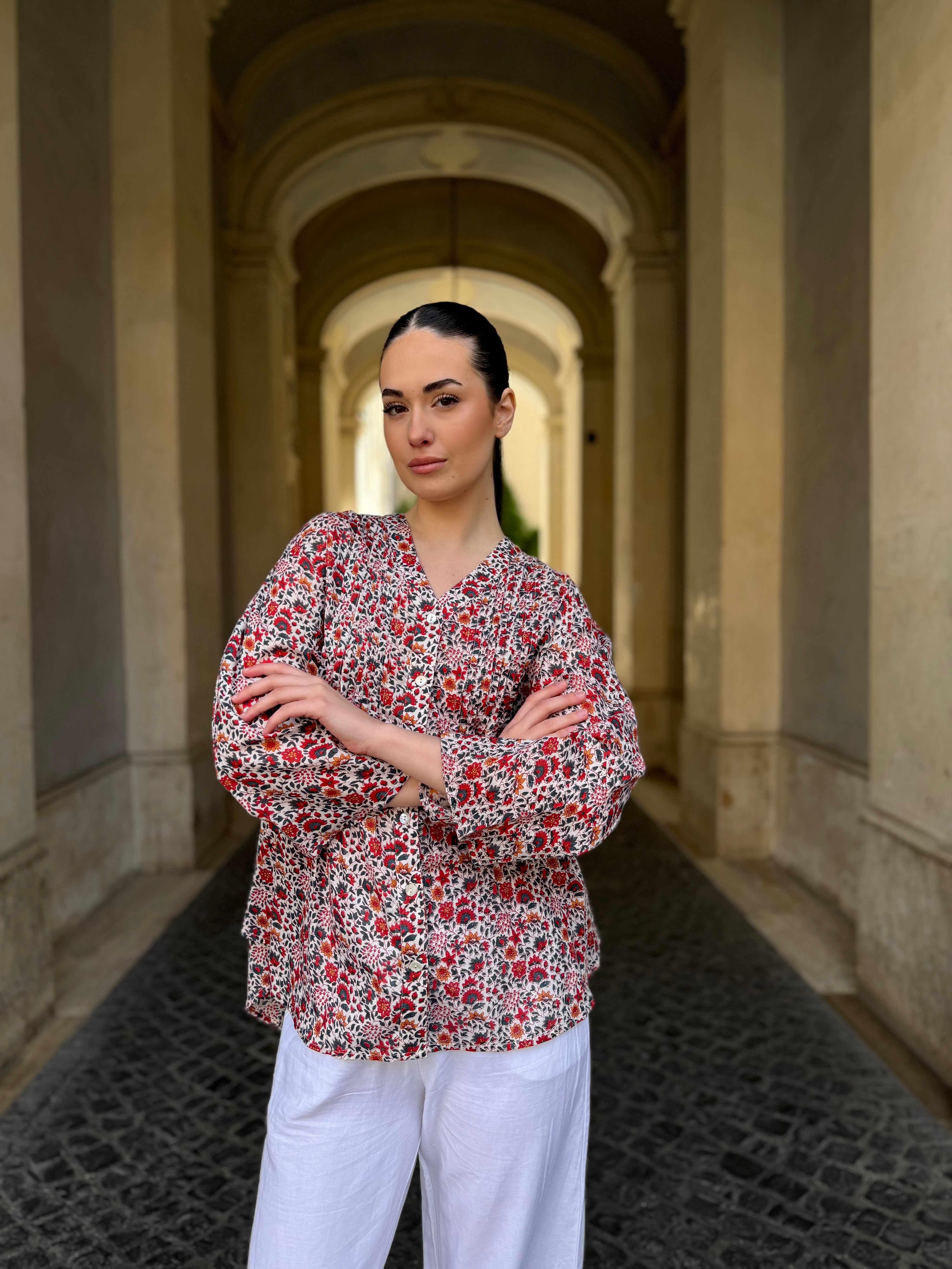 ARTEFILIA - blusa mussola di cotone eva - BIANCO FLOWERS