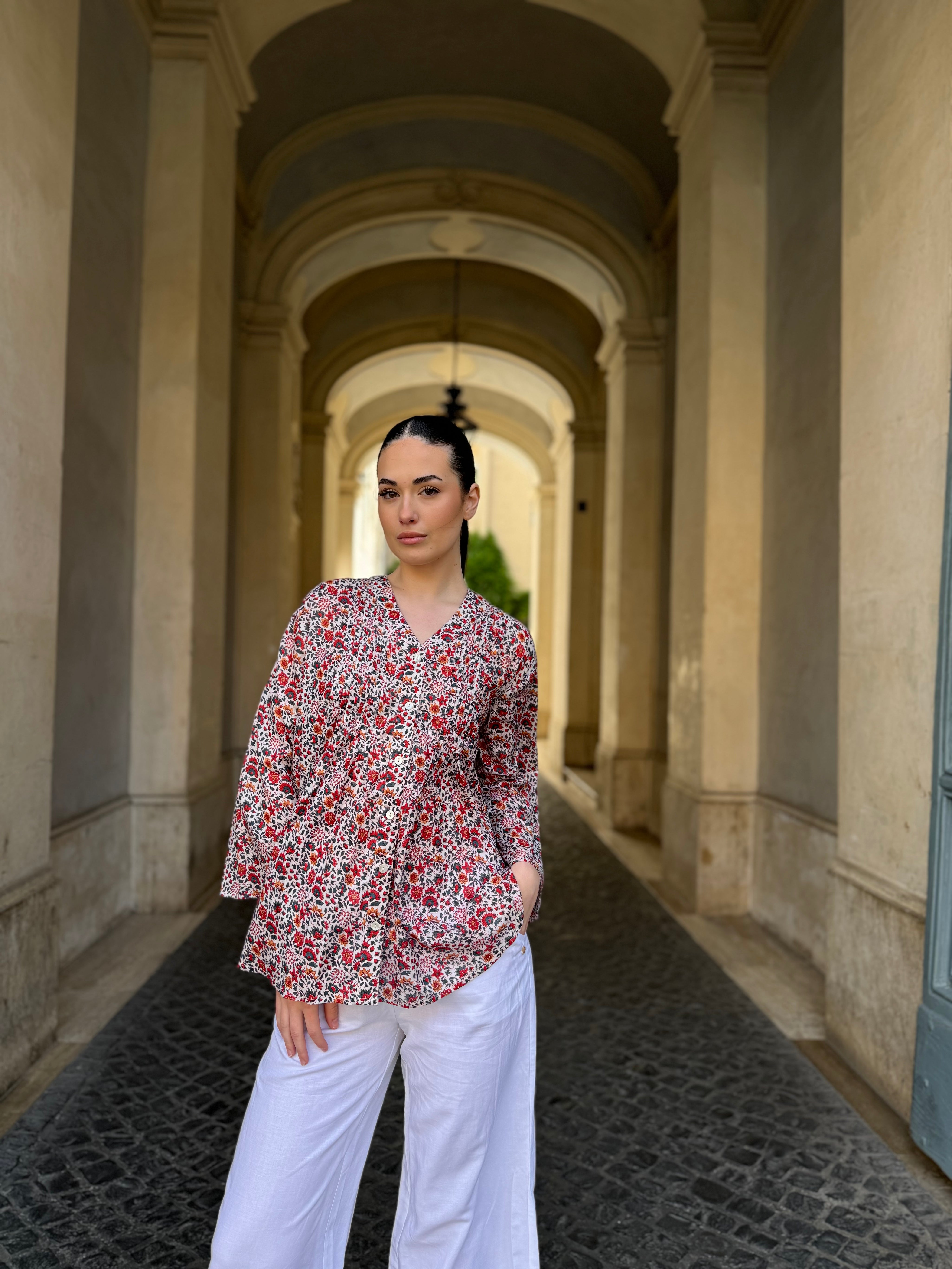 ARTEFILIA - blusa mussola di cotone eva - BIANCO FLOWERS