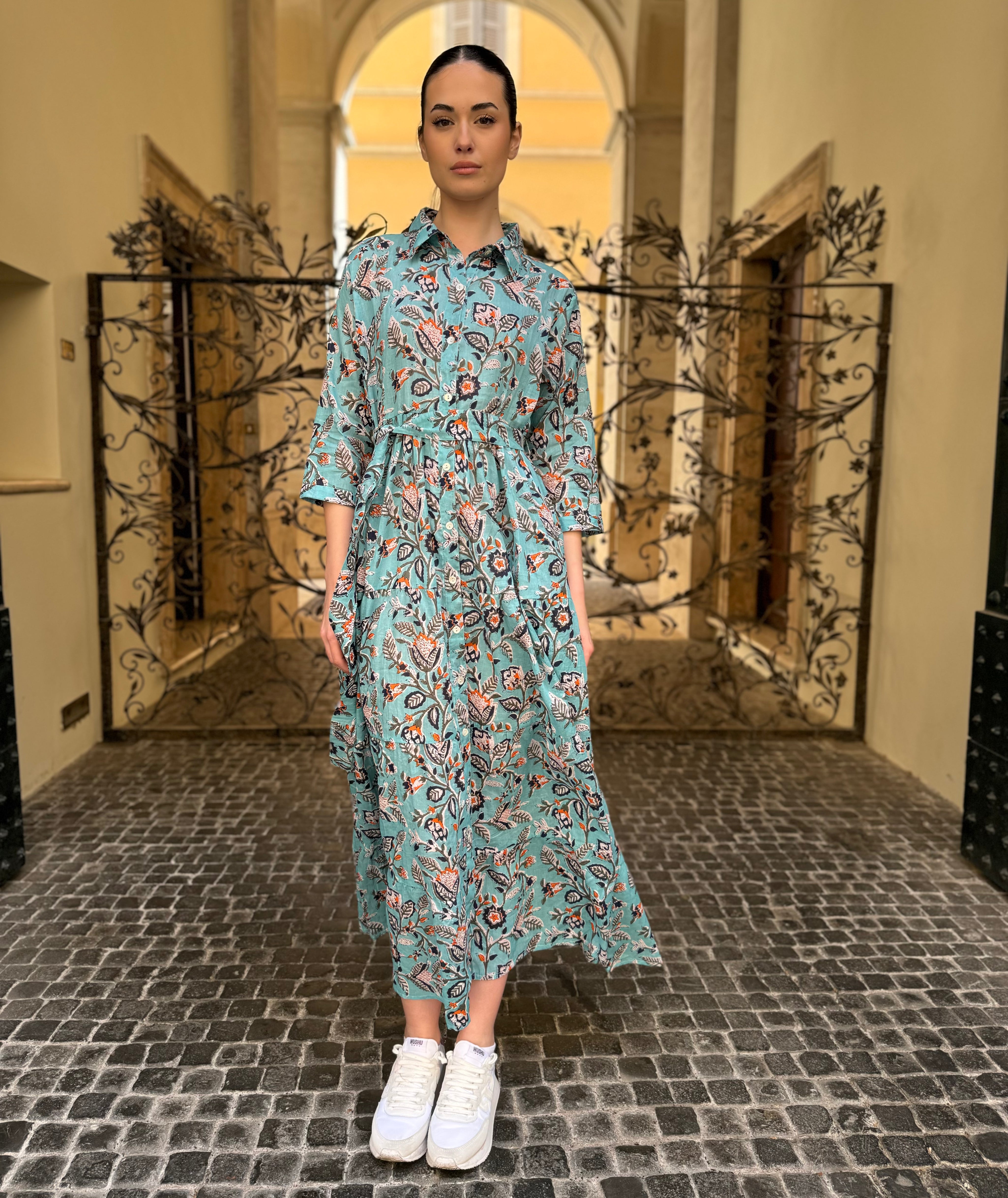 ARTEFILIA - abito gina mussola di cotone - TURCHESE FLOWERS