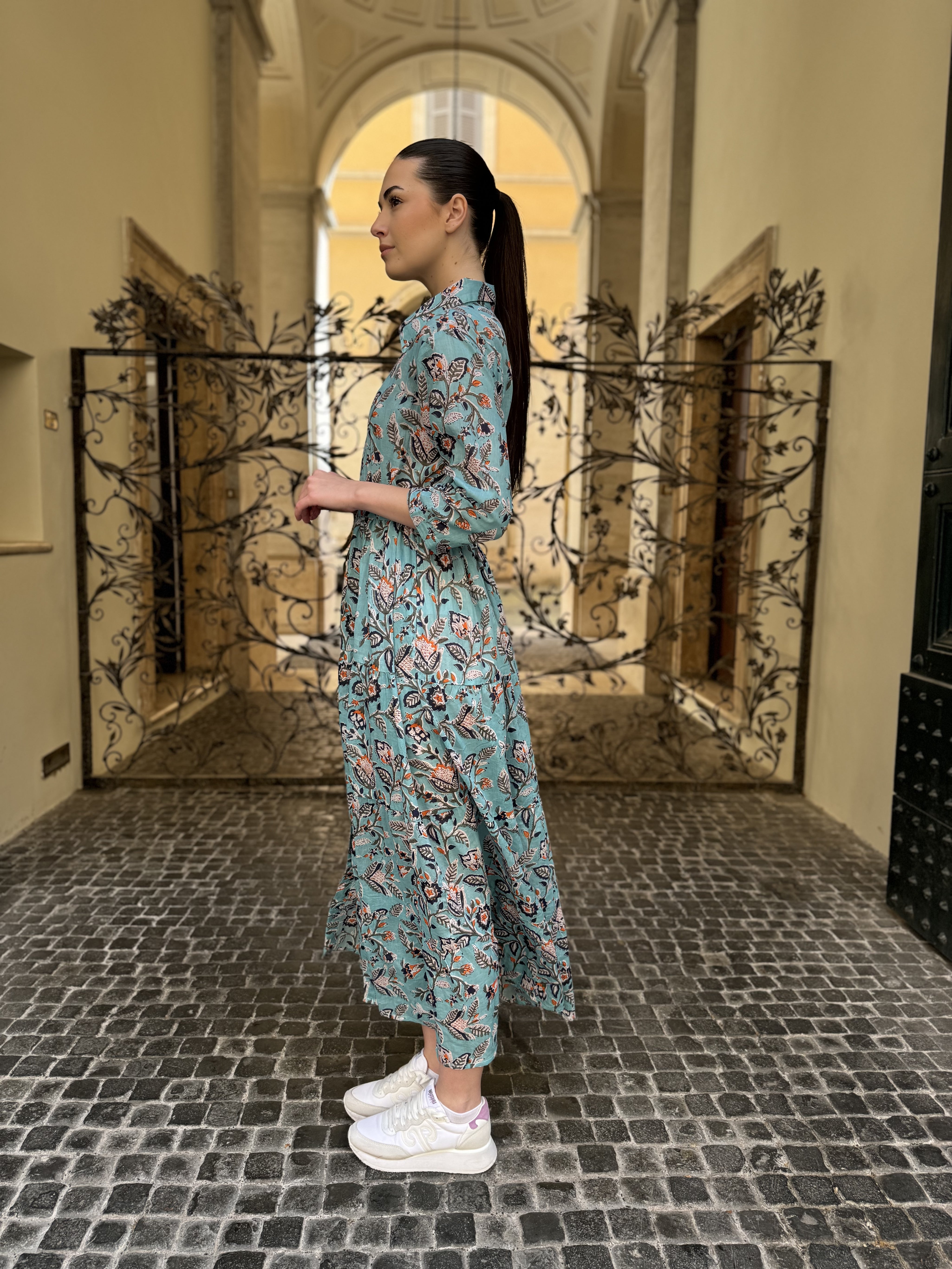 ARTEFILIA - abito gina mussola di cotone - TURCHESE FLOWERS