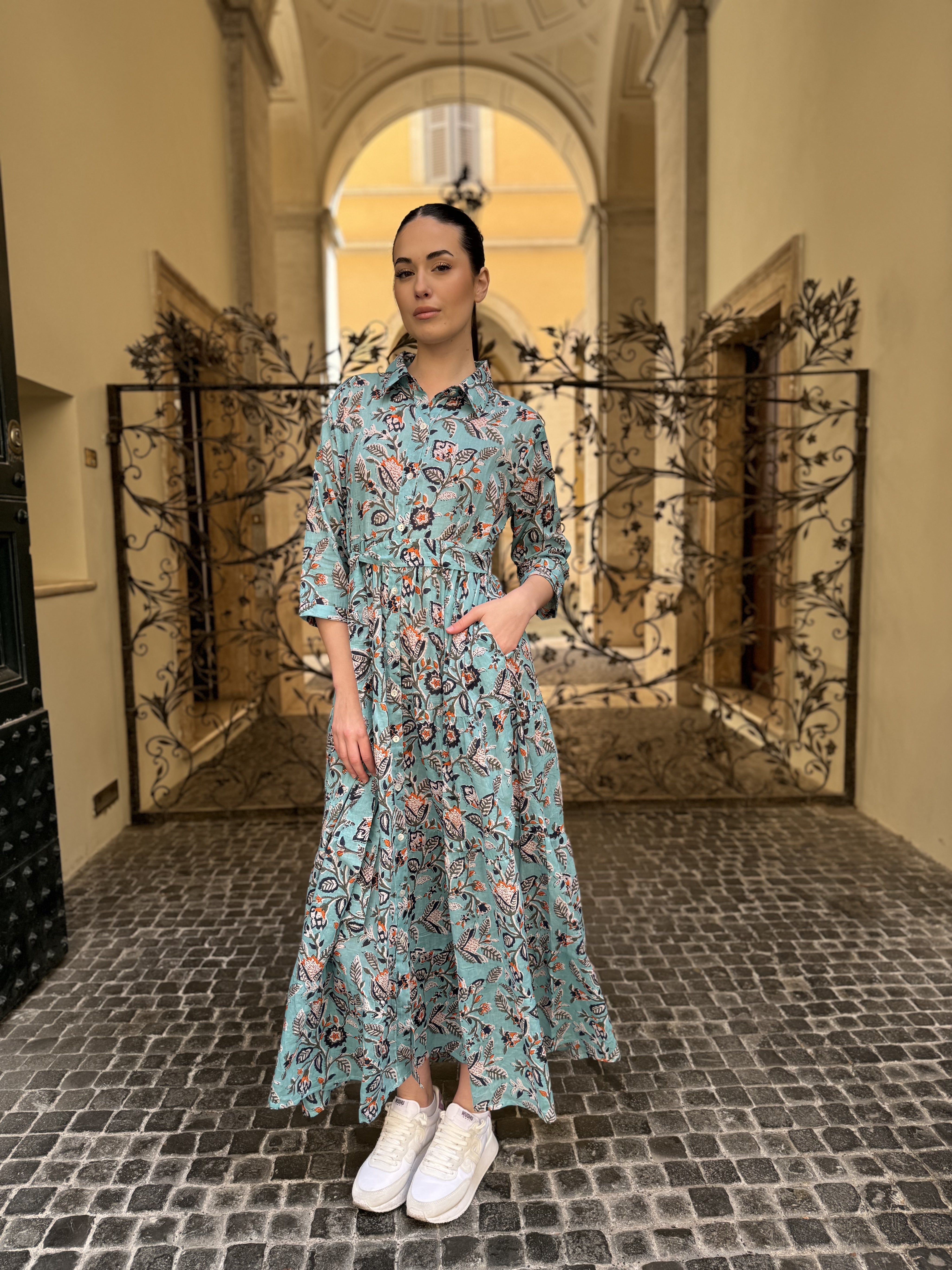 ARTEFILIA - abito gina mussola di cotone - TURCHESE FLOWERS