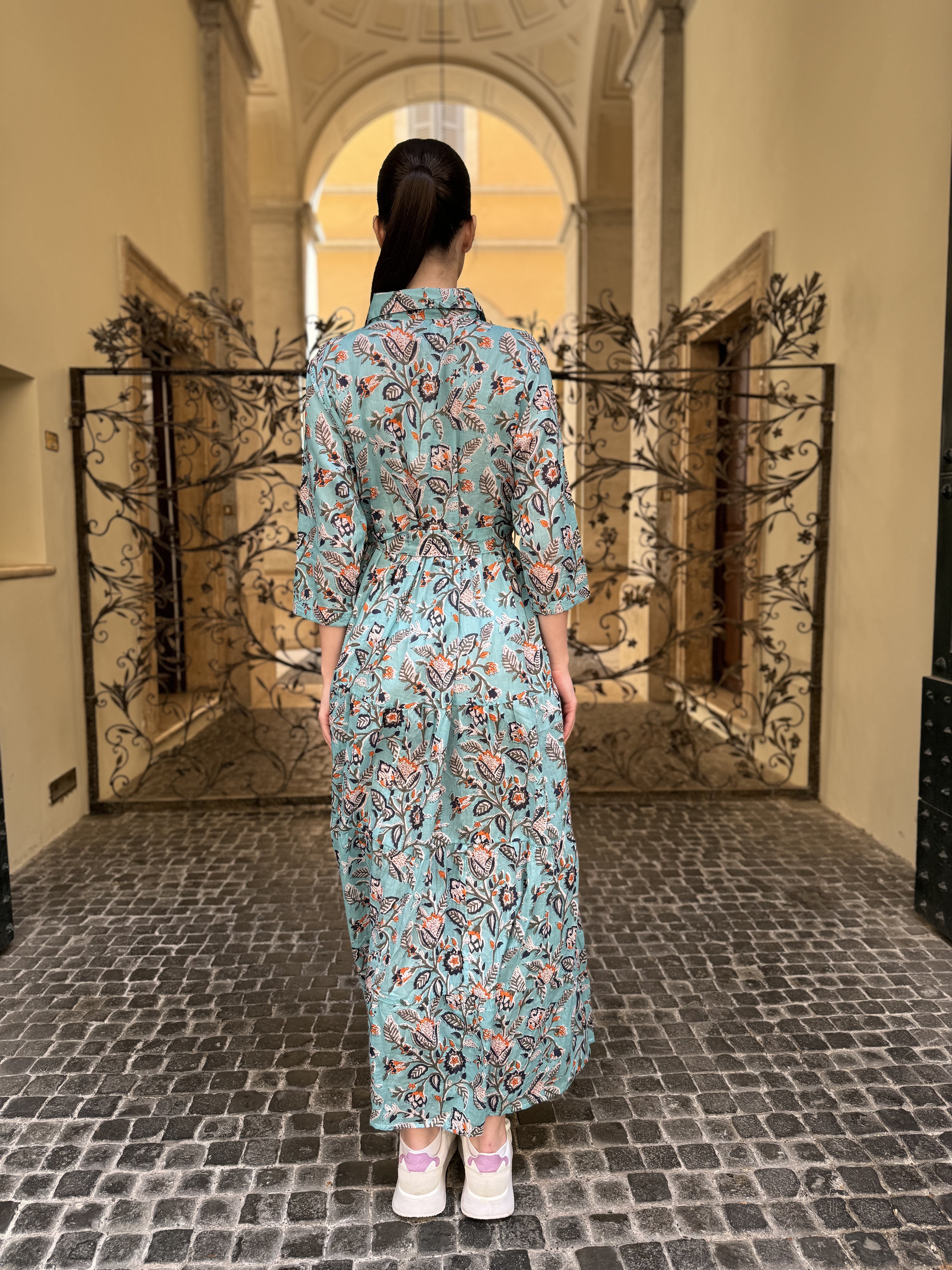 ARTEFILIA - abito gina mussola di cotone - TURCHESE FLOWERS