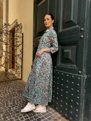 ARTEFILIA - abito gina mussola di cotone - TURCHESE FLOWERS