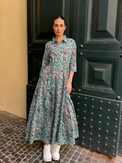 ARTEFILIA - abito gina mussola di cotone - TURCHESE FLOWERS