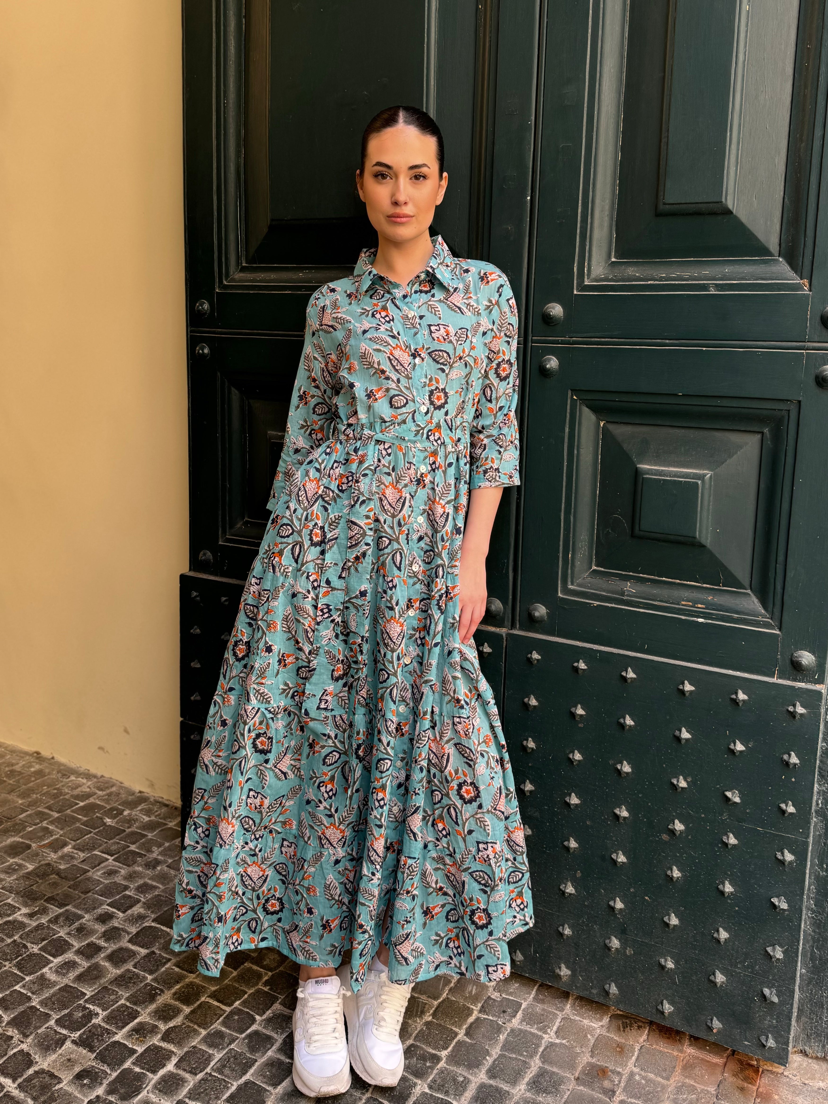 ARTEFILIA - abito gina mussola di cotone - TURCHESE FLOWERS