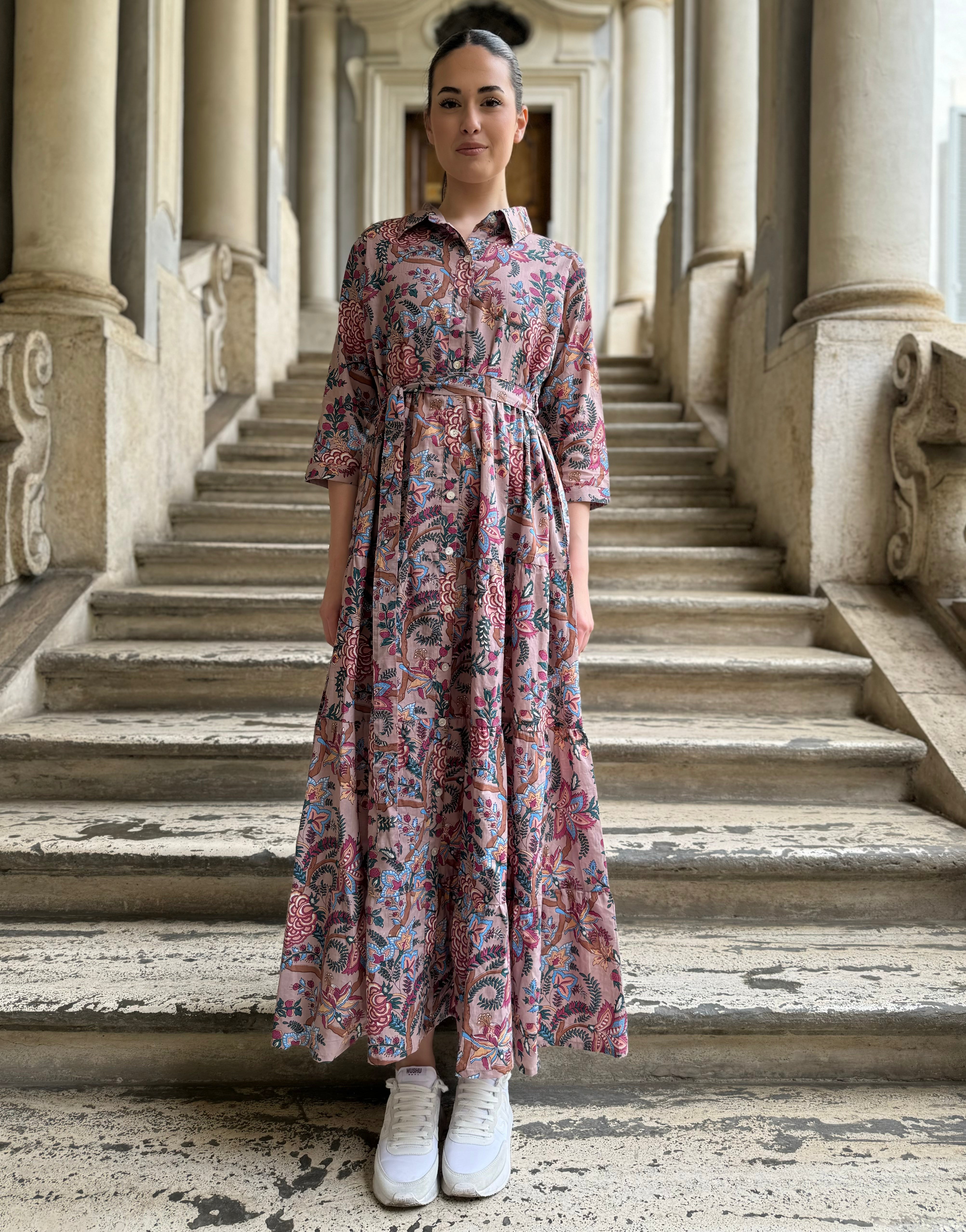 ARTEFILIA - abito gina mussola di cotone - ROSA ANTICO FLOWERS