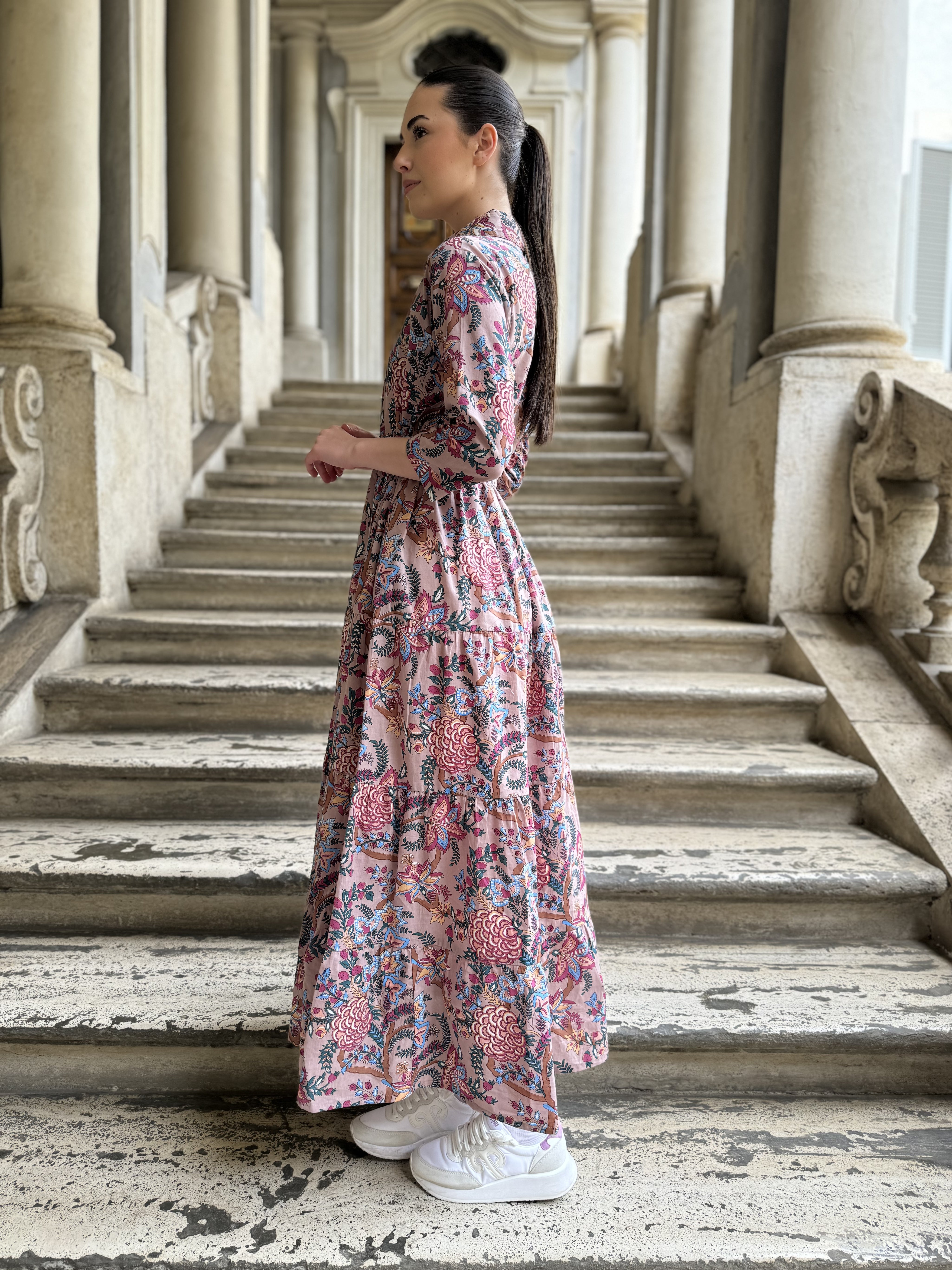 ARTEFILIA - abito gina mussola di cotone - ROSA ANTICO FLOWERS