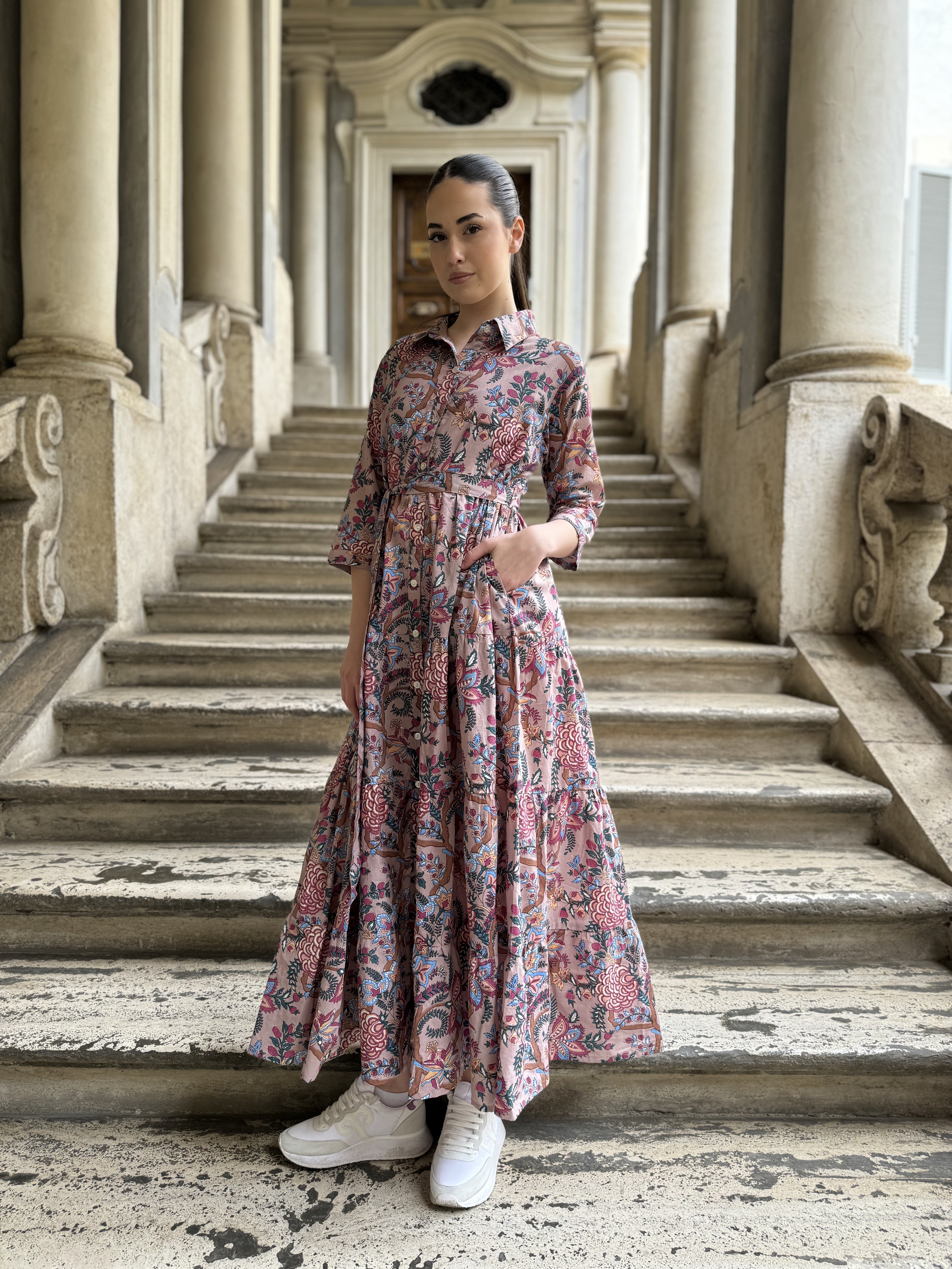 ARTEFILIA - abito gina mussola di cotone - ROSA ANTICO FLOWERS