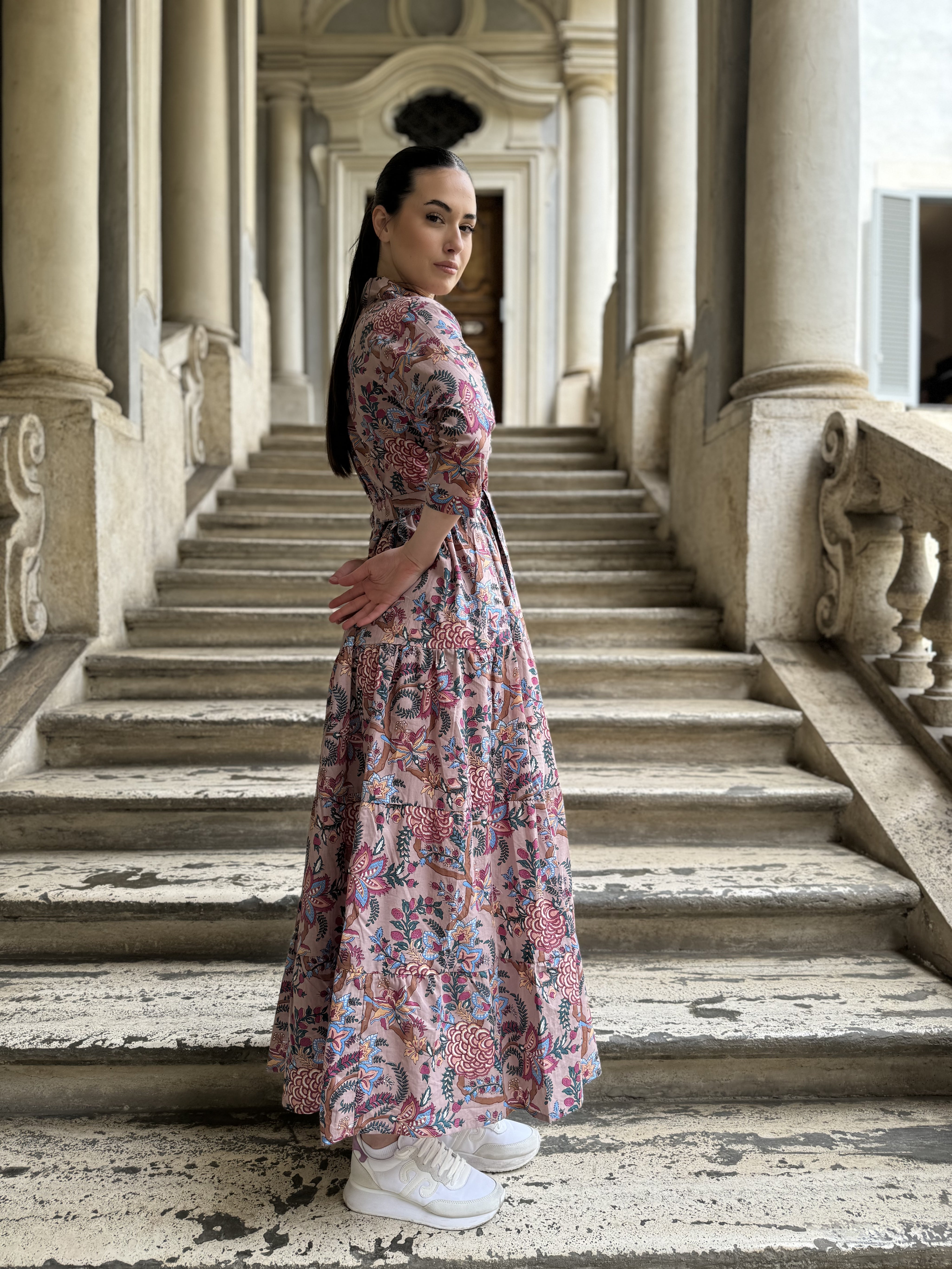 ARTEFILIA - abito gina mussola di cotone - ROSA ANTICO FLOWERS