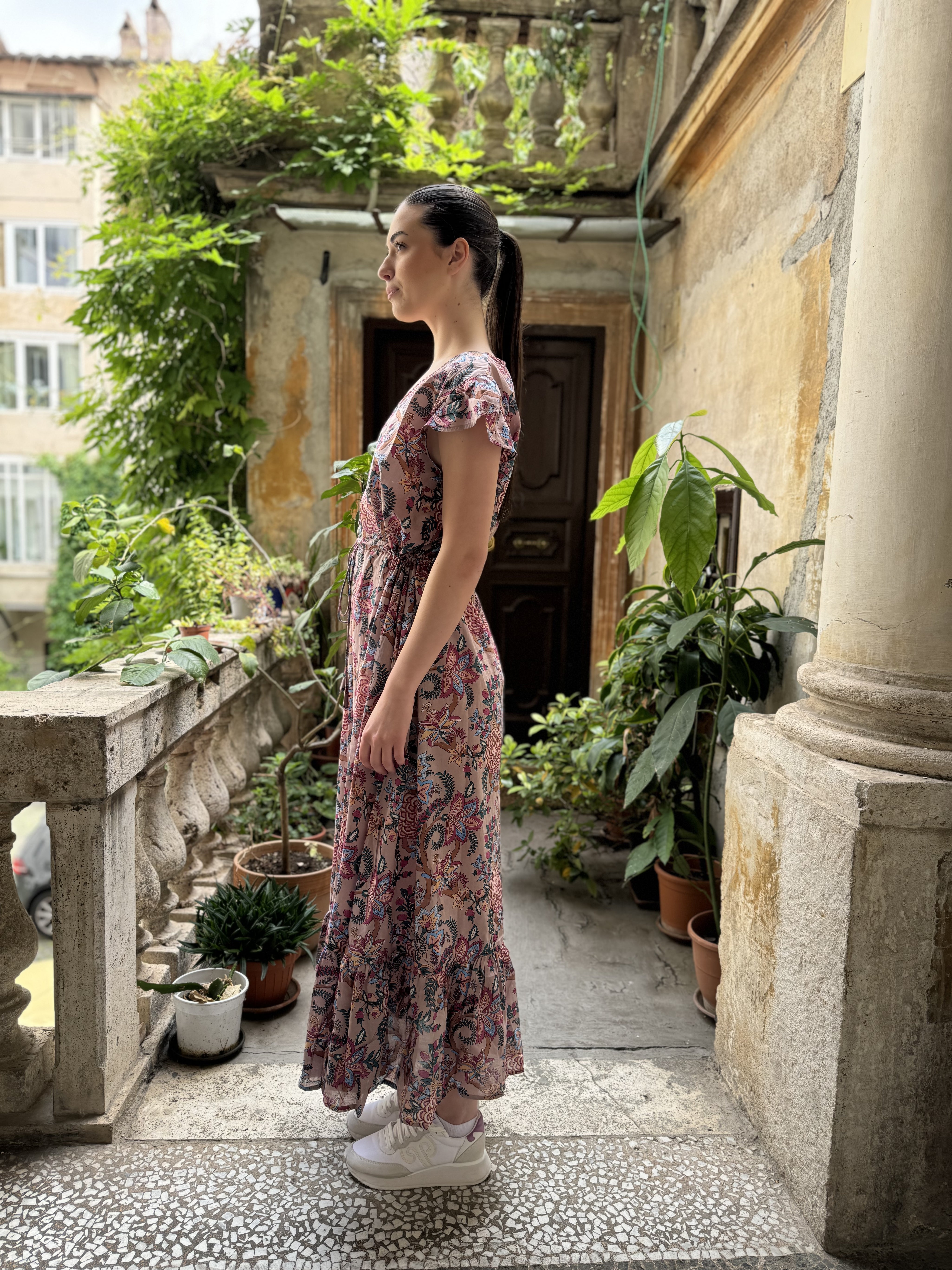 ARTEFILIA - abito mirta mussola di cotone - ROSA ANTICO FLOWERS