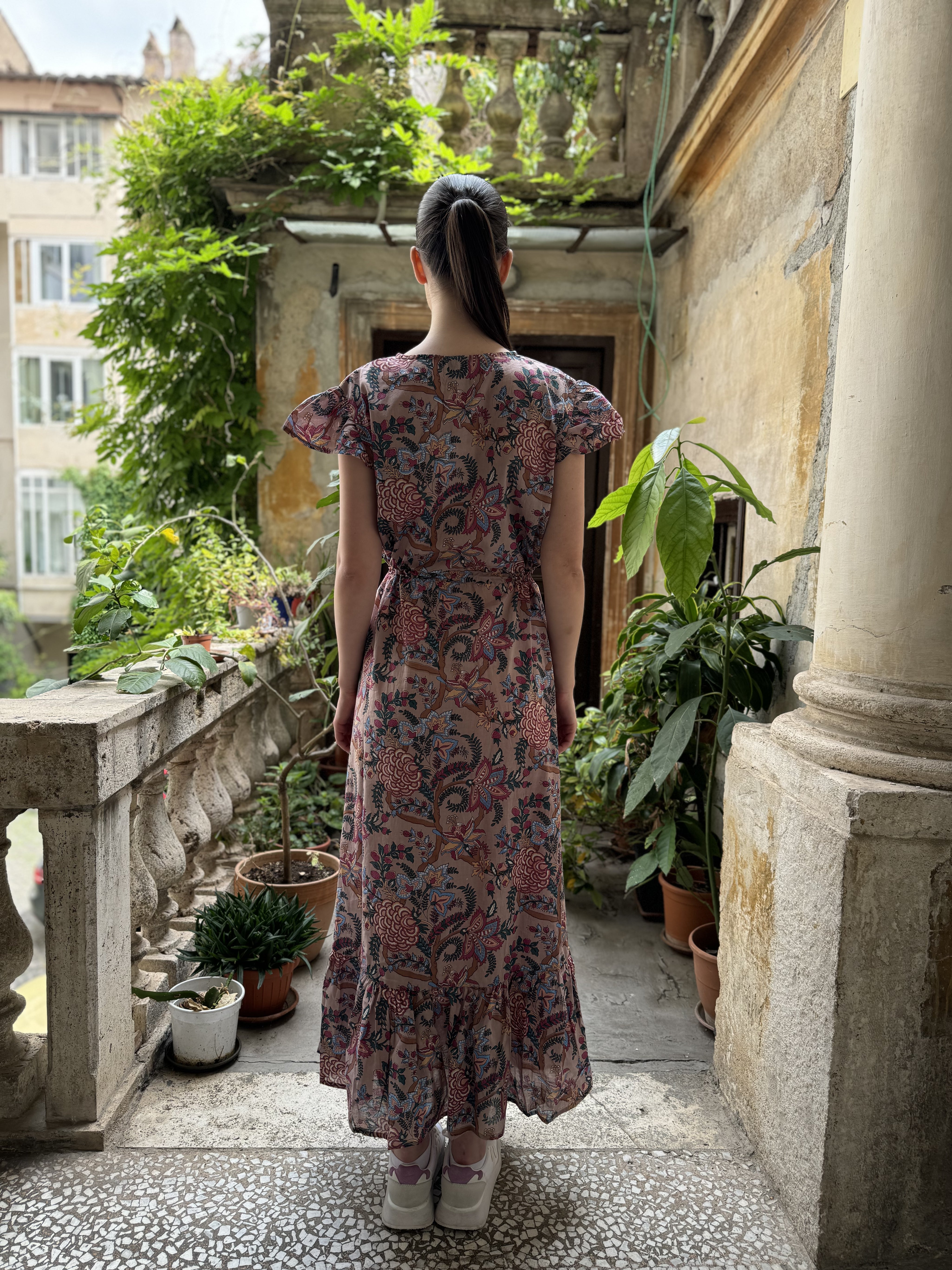 ARTEFILIA - abito mirta mussola di cotone - ROSA ANTICO FLOWERS