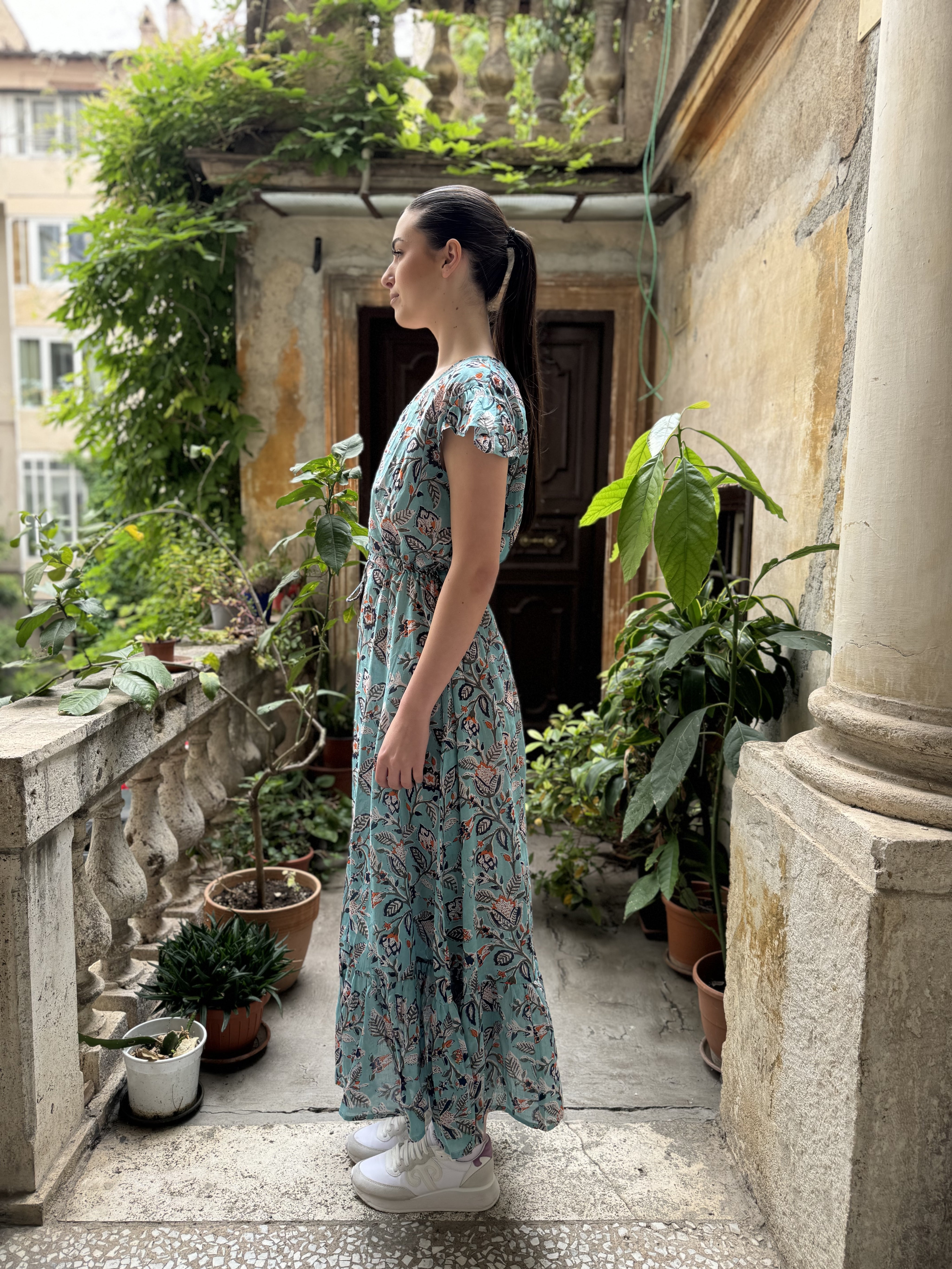 ARTEFILIA - abito mirta mussola di cotone - TURCHESE FLOWERS