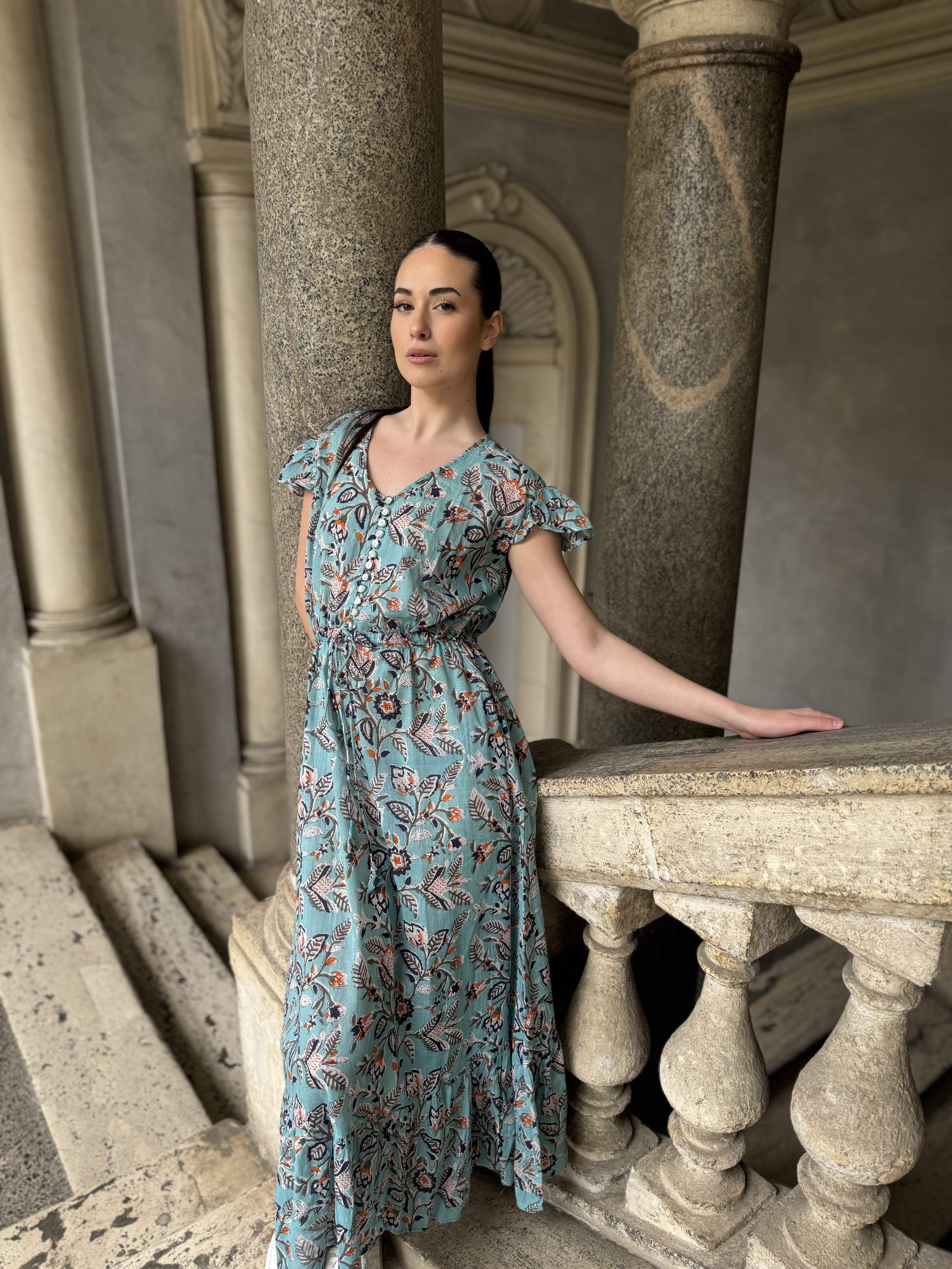 ARTEFILIA - abito mirta mussola di cotone - TURCHESE FLOWERS