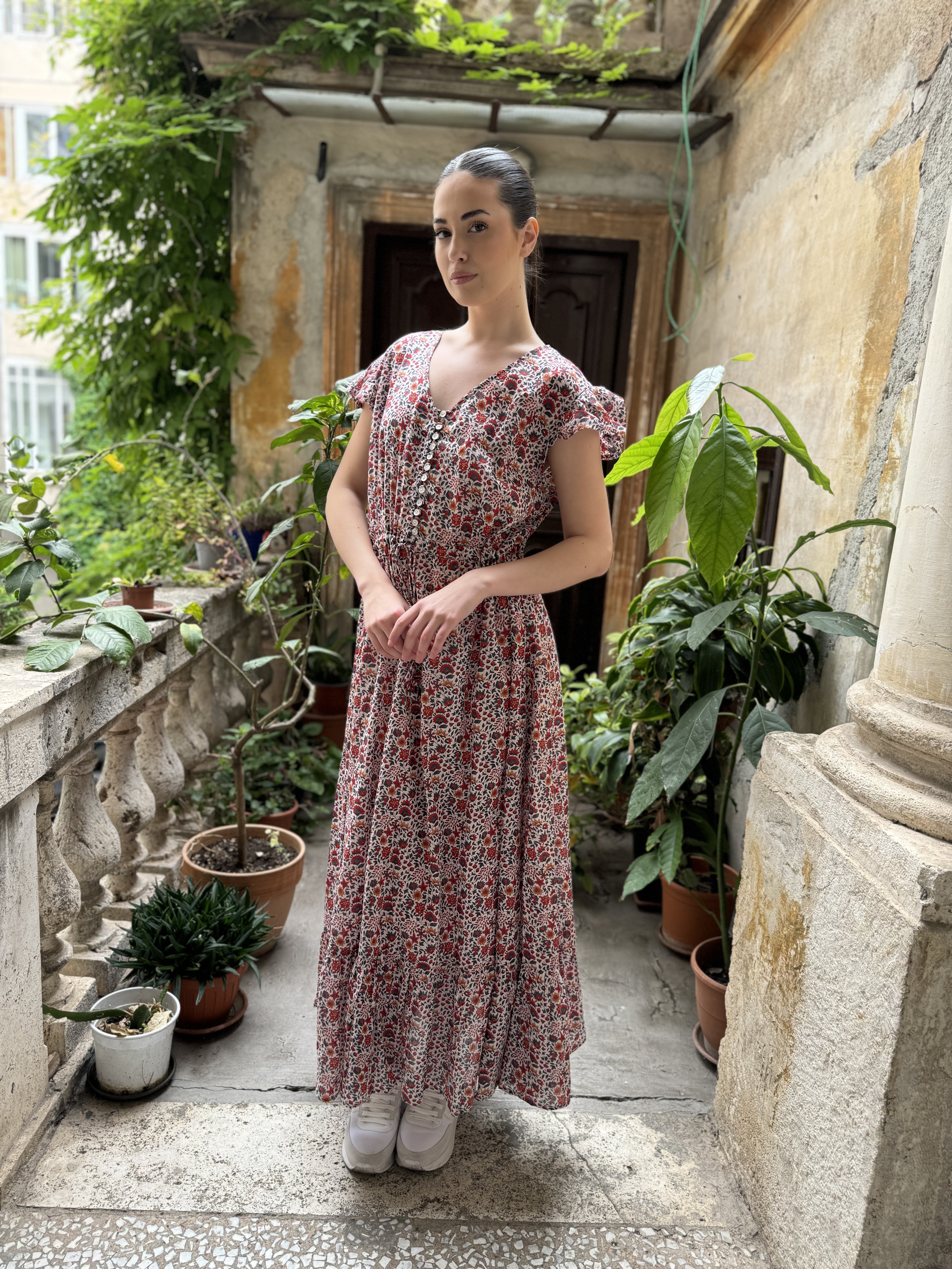 ARTEFILIA - abito mirta mussola di cotone - BIANCO FLOWERS