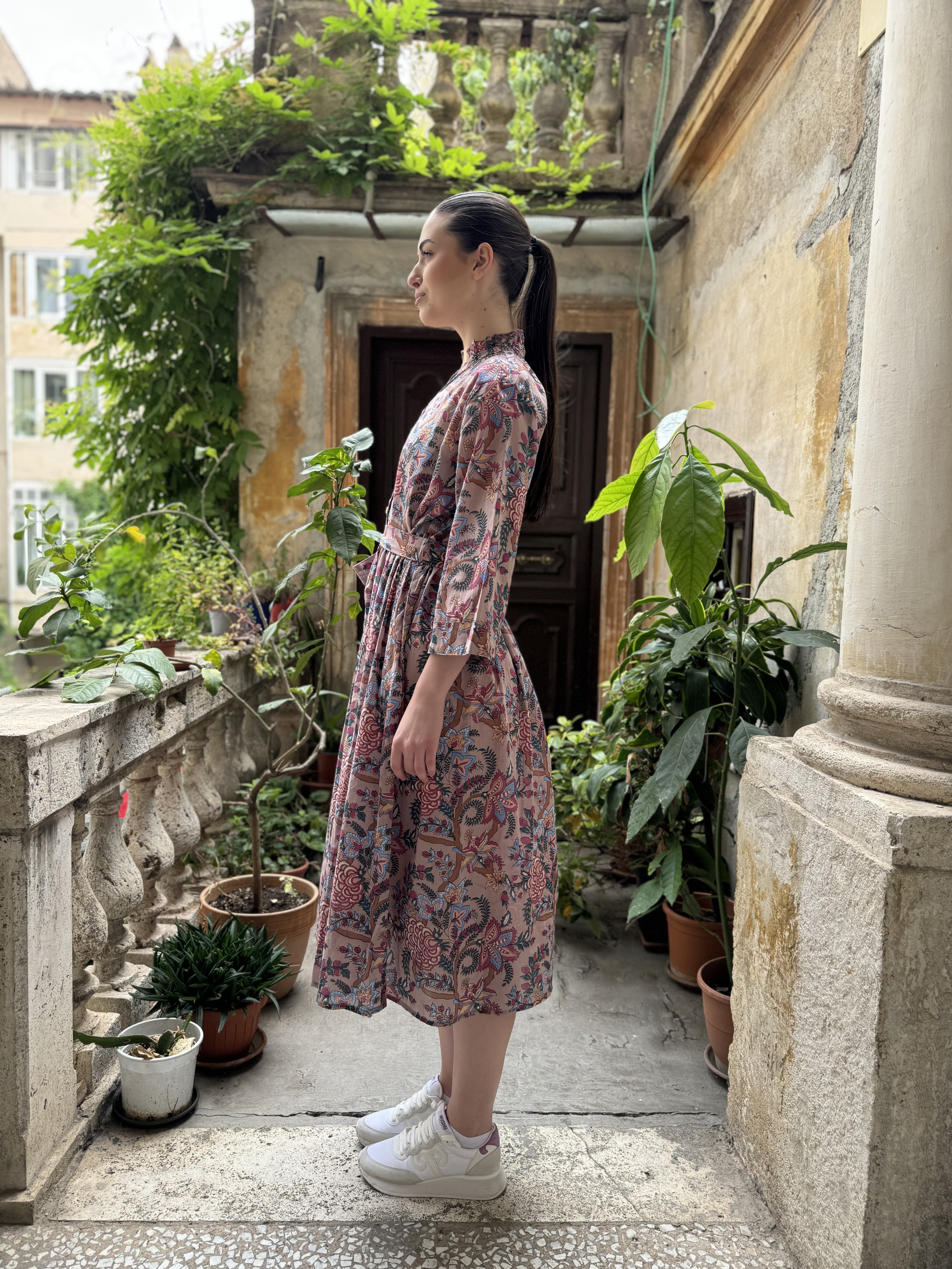 ARTEFILIA-abito carolina mussola cotone - ROSA ANTICO FLOWERS