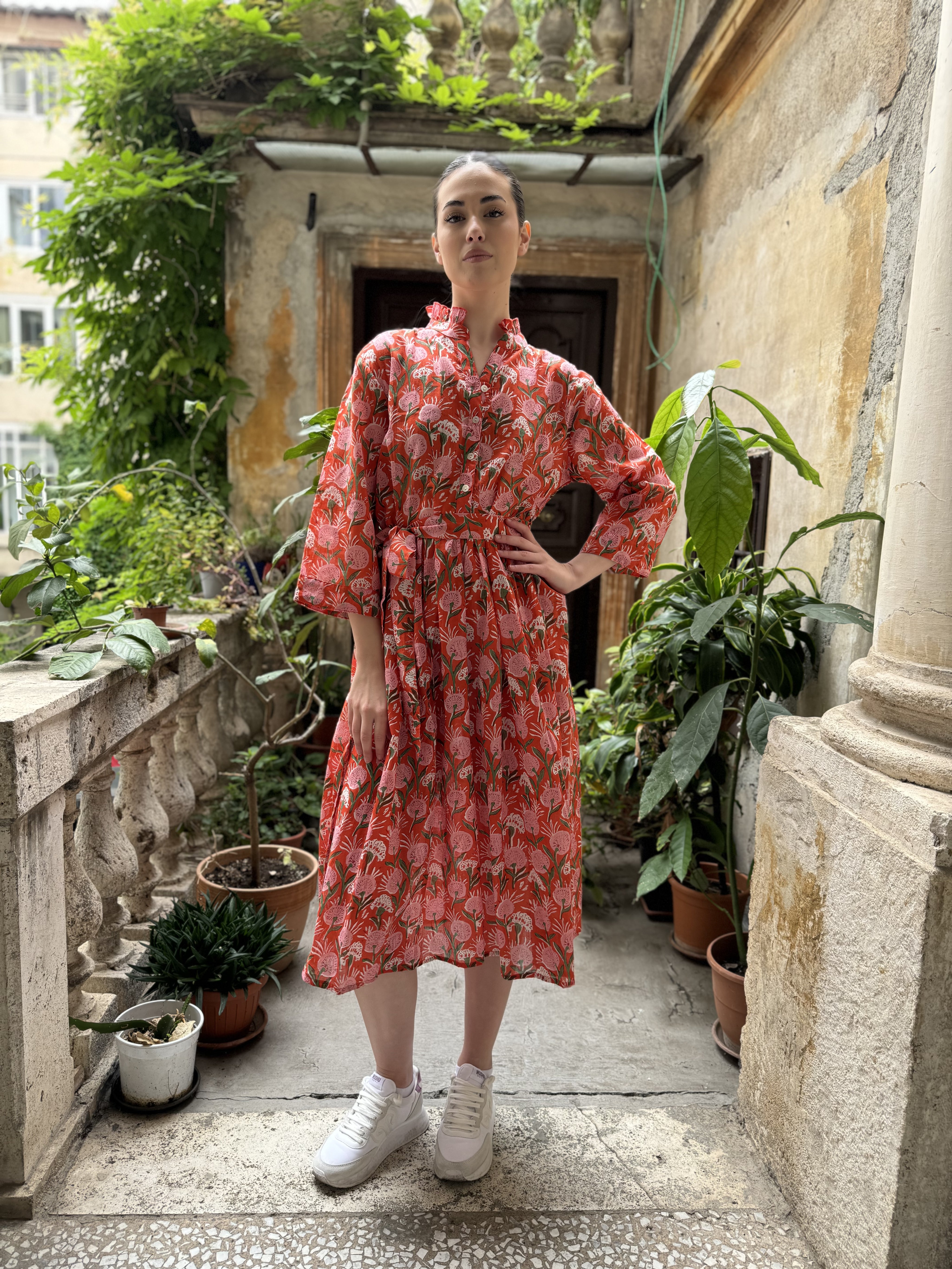 ARTEFILIA-abito carolina mussola cotone - ARANCIO FLOWERS