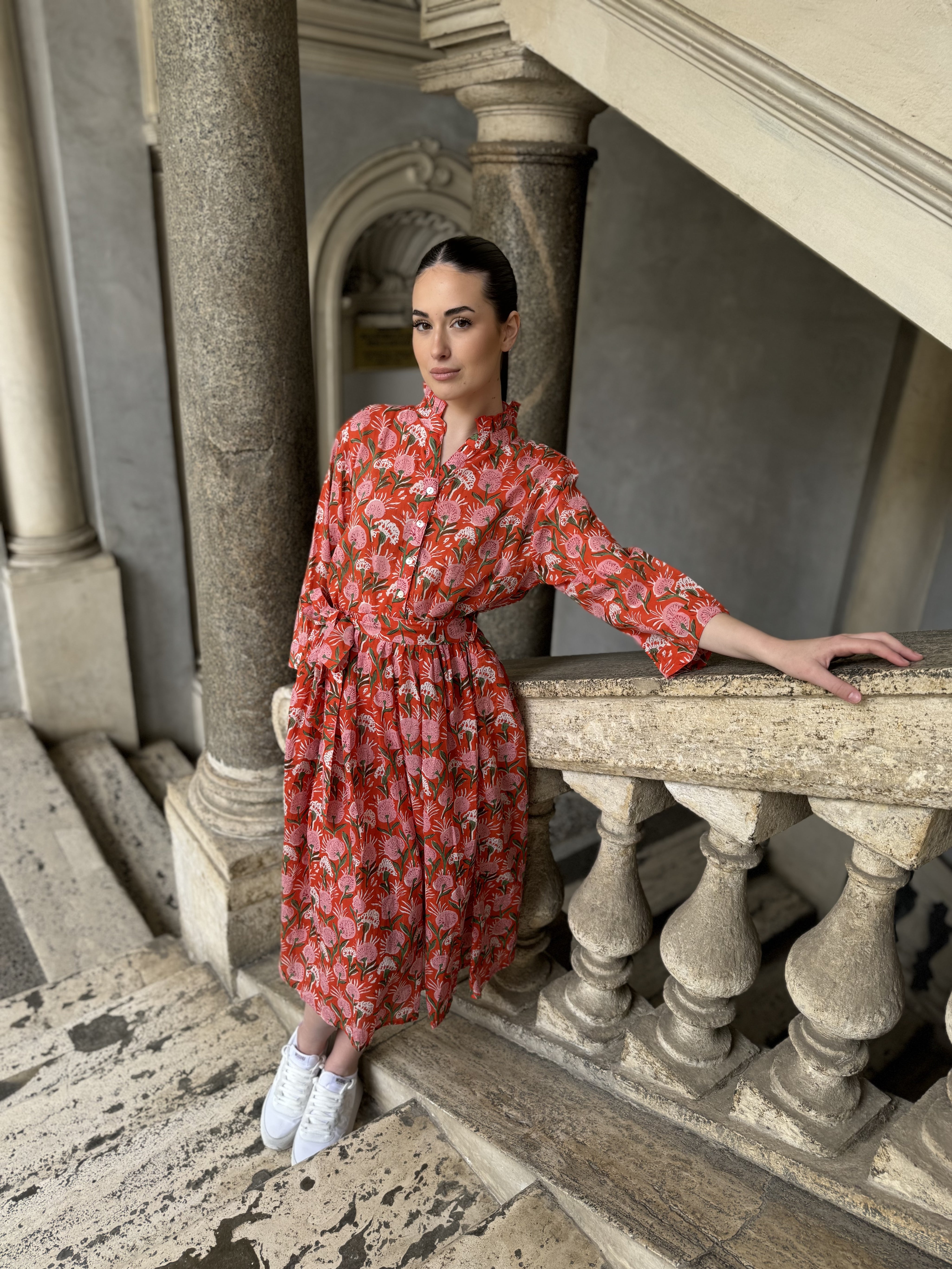 ARTEFILIA-abito carolina mussola cotone - ARANCIO FLOWERS