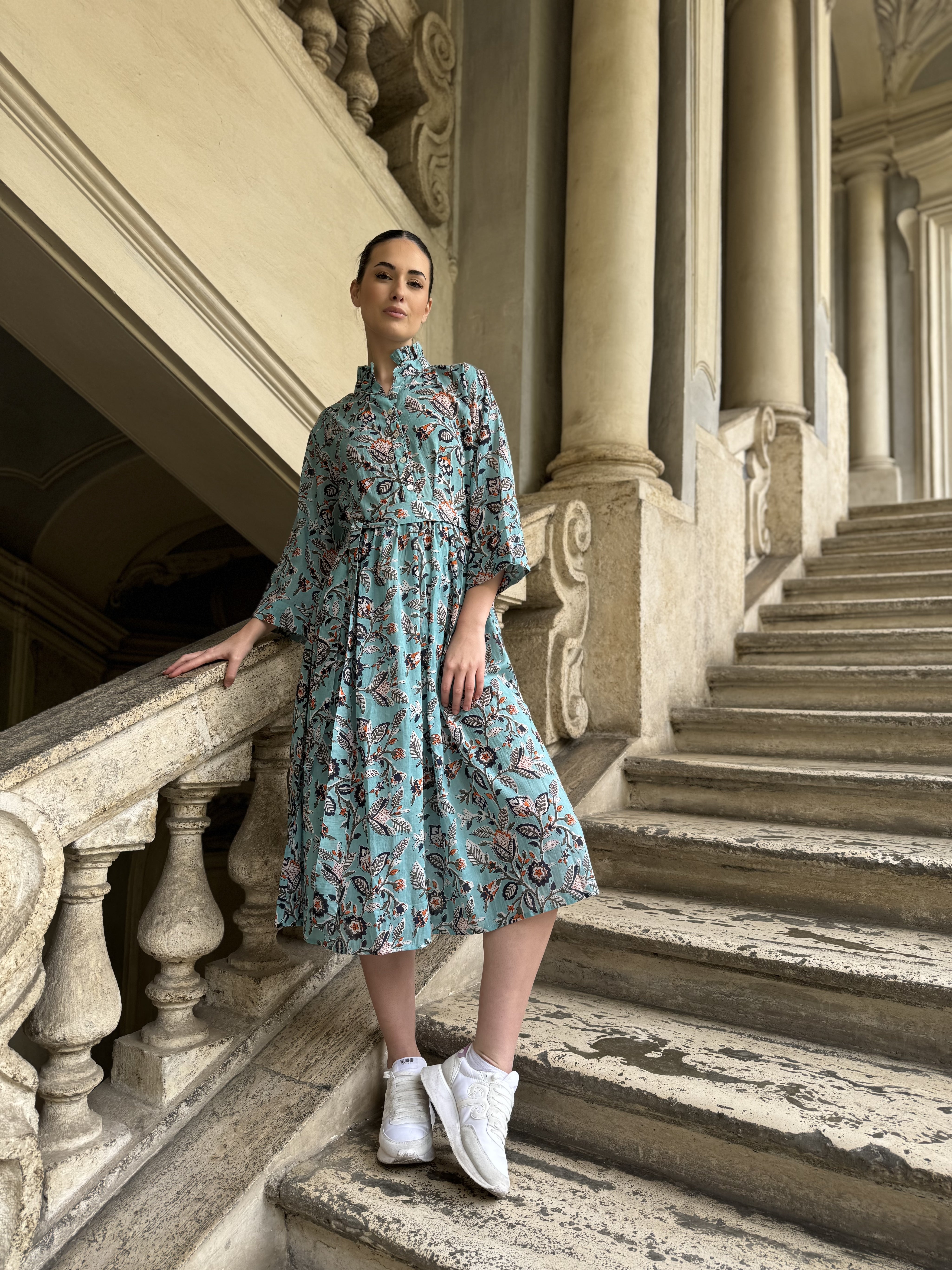 ARTEFILIA-abito carolina mussola cotone - TURCHESE FLOWERS