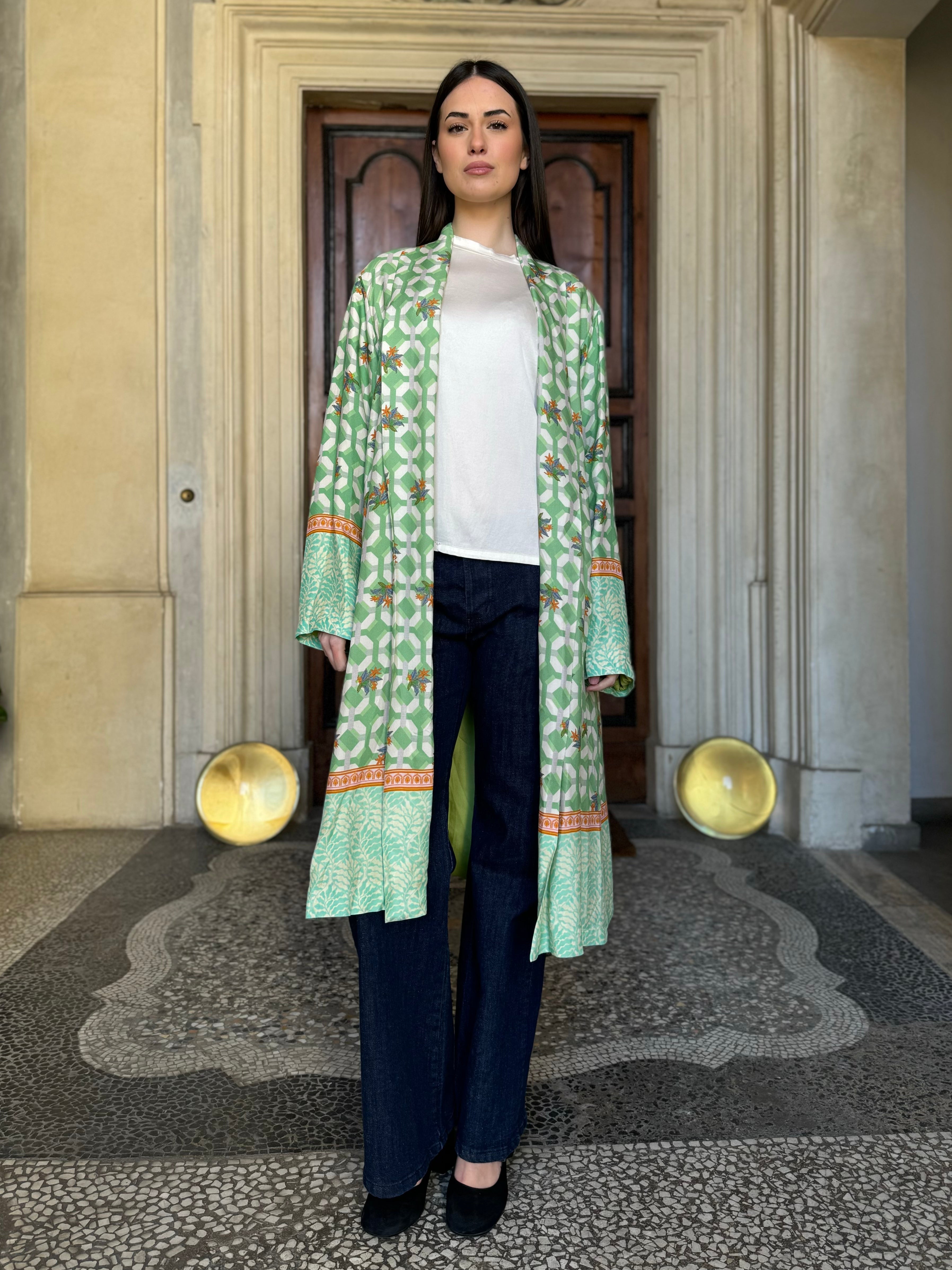 WU-SIDE - kimono lungo fantasia - VERDE TU