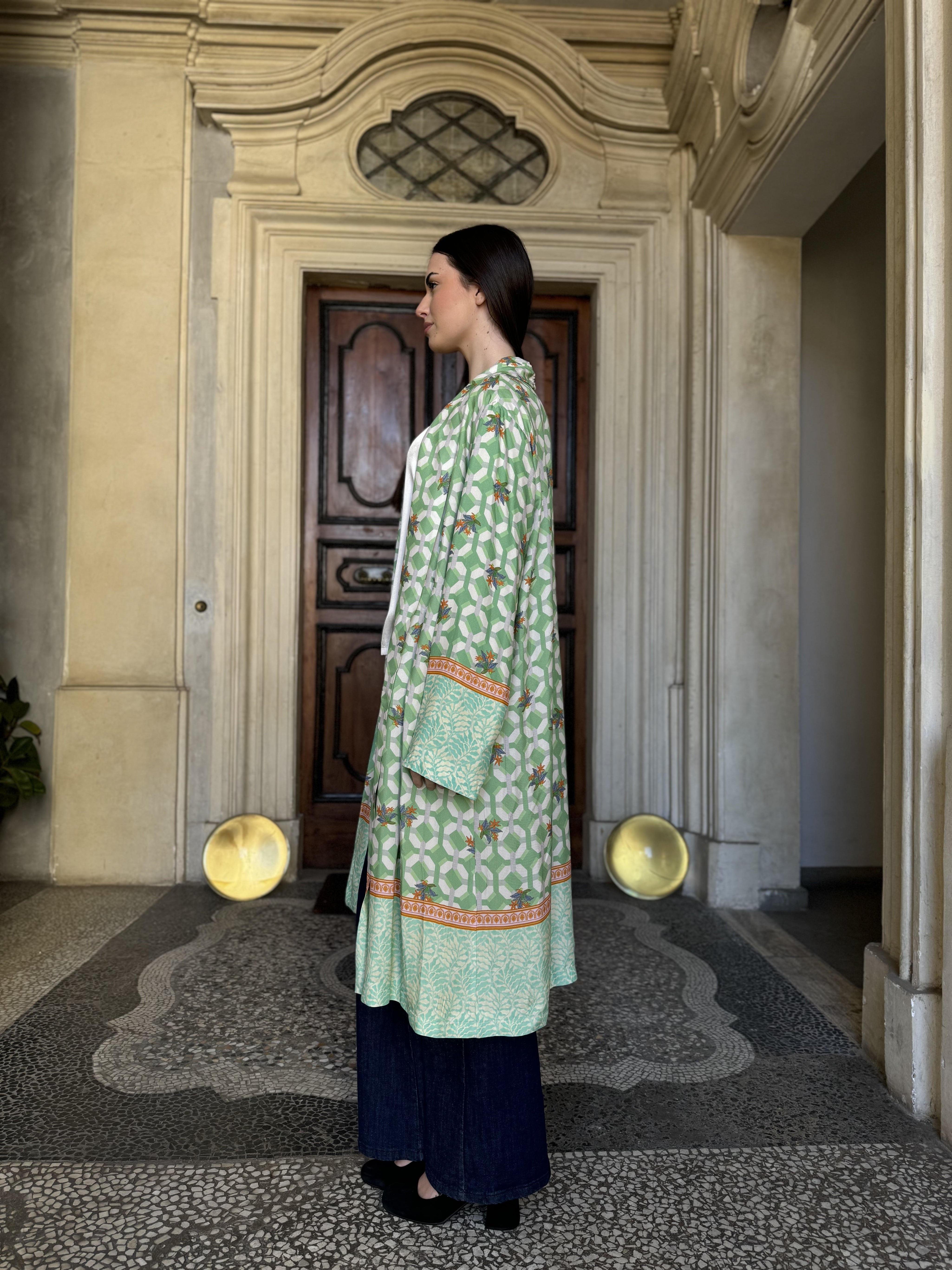 WU-SIDE - kimono lungo fantasia - VERDE TU