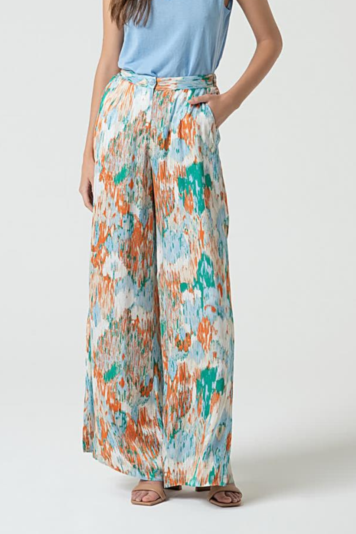 SURKANA - pantaloni palazzo satinati stampati - AZZURRO