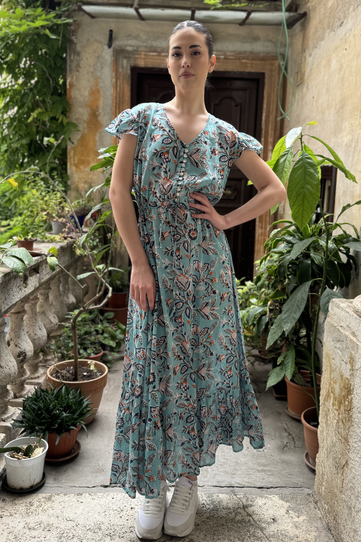 ARTEFILIA - abito mirta mussola di cotone - TURCHESE FLOWERS