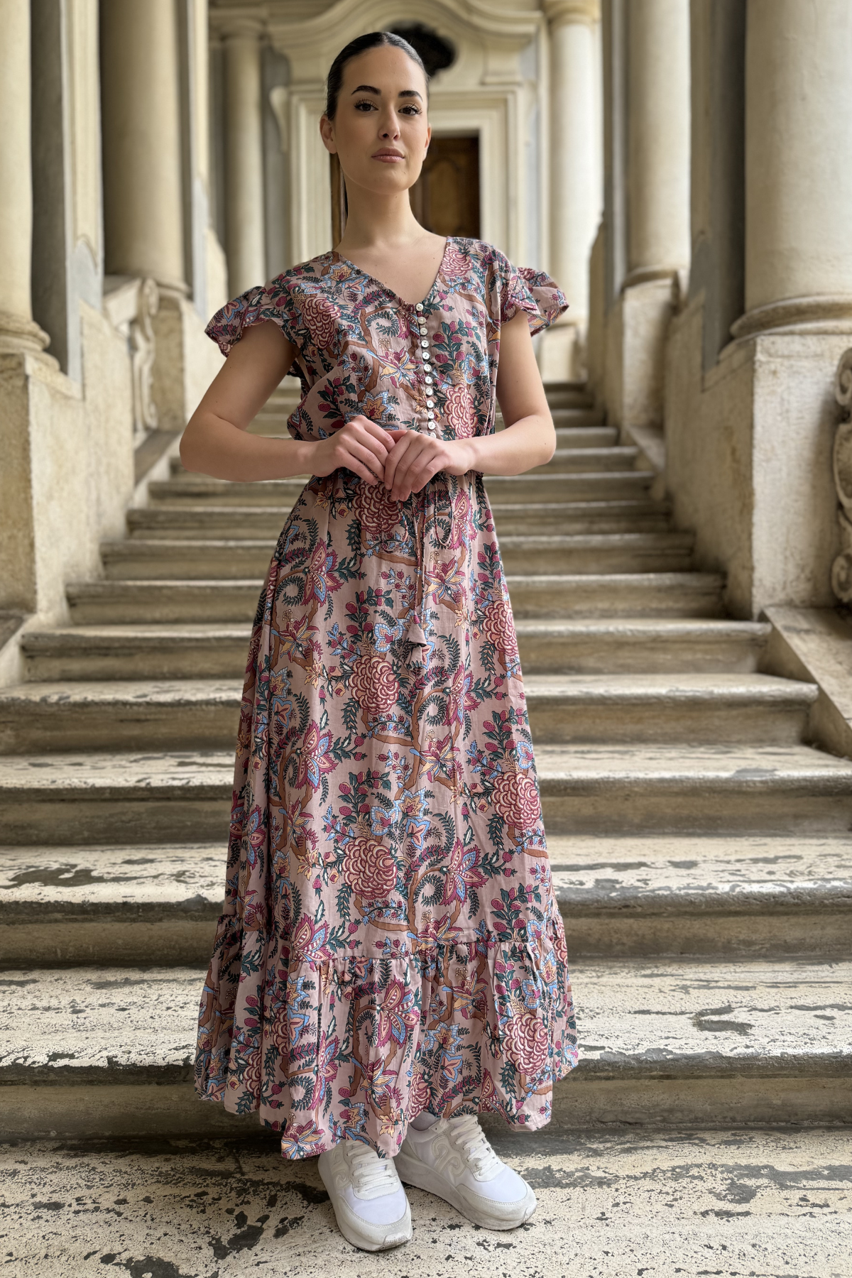 ARTEFILIA - abito mirta mussola di cotone - ROSA ANTICO FLOWERS