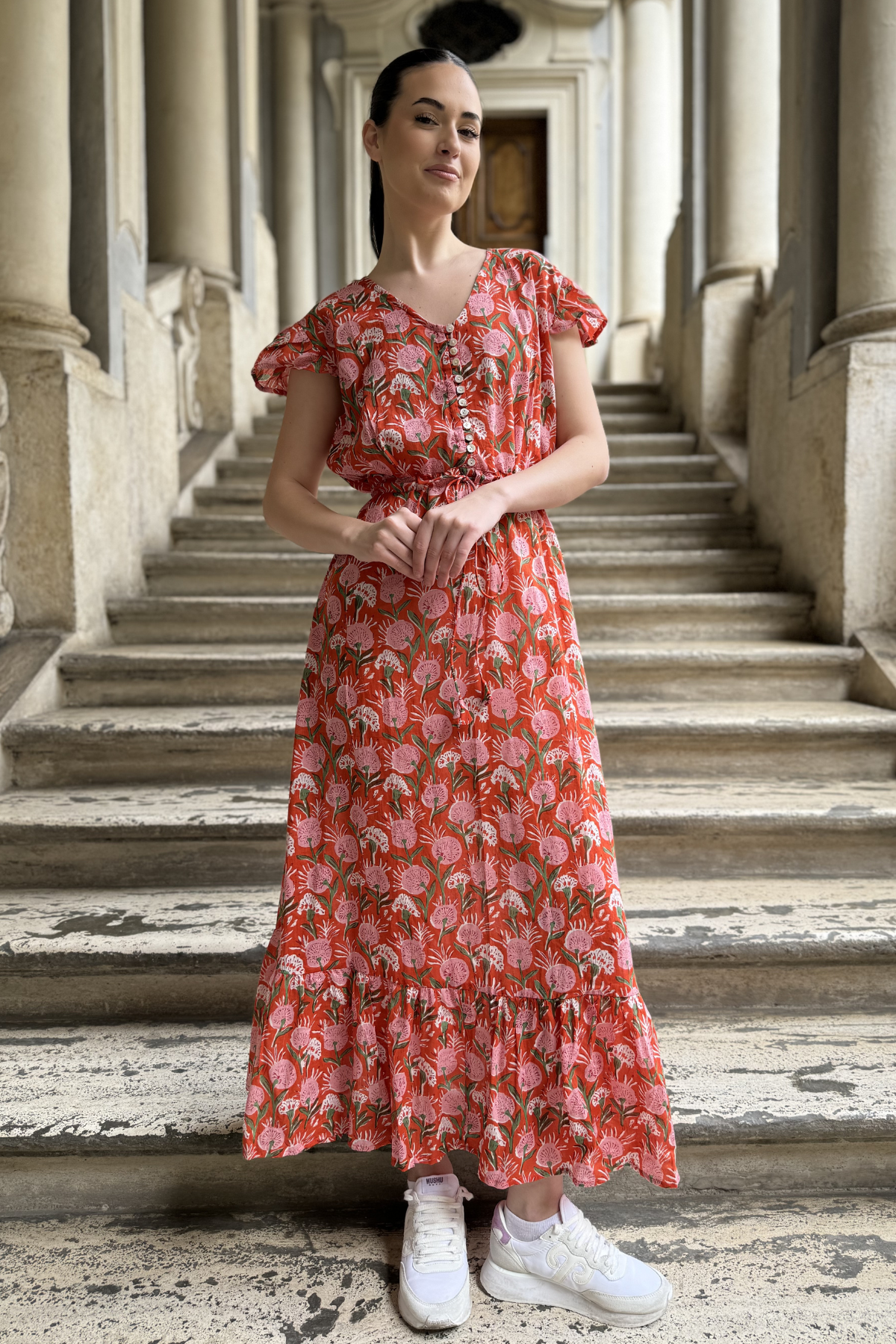 ARTEFILIA - abito mirta mussola di cotone - ARANCIO FLOWERS