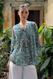 ARTEFILIA - blusa mussola di cotone eva - TURCHESE FLOWERS