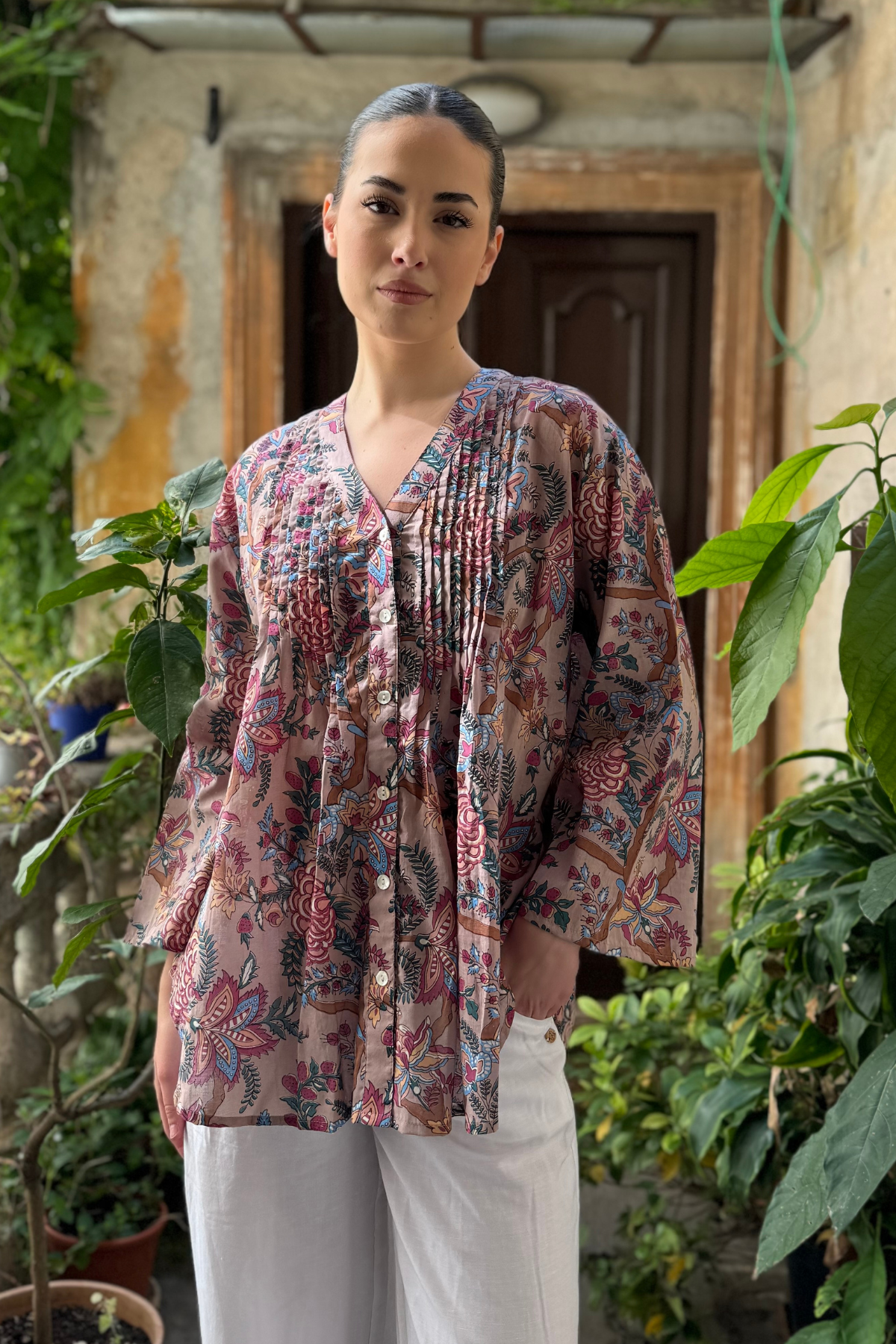 ARTEFILIA - blusa mussola di cotone eva - ROSA ANTICO FLOWERS