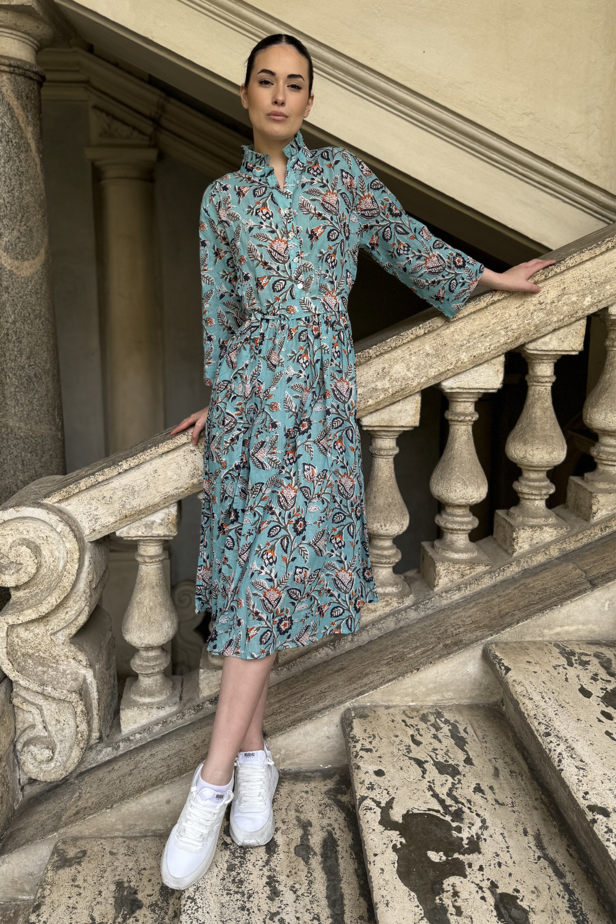 ARTEFILIA-abito carolina mussola cotone - TURCHESE FLOWERS