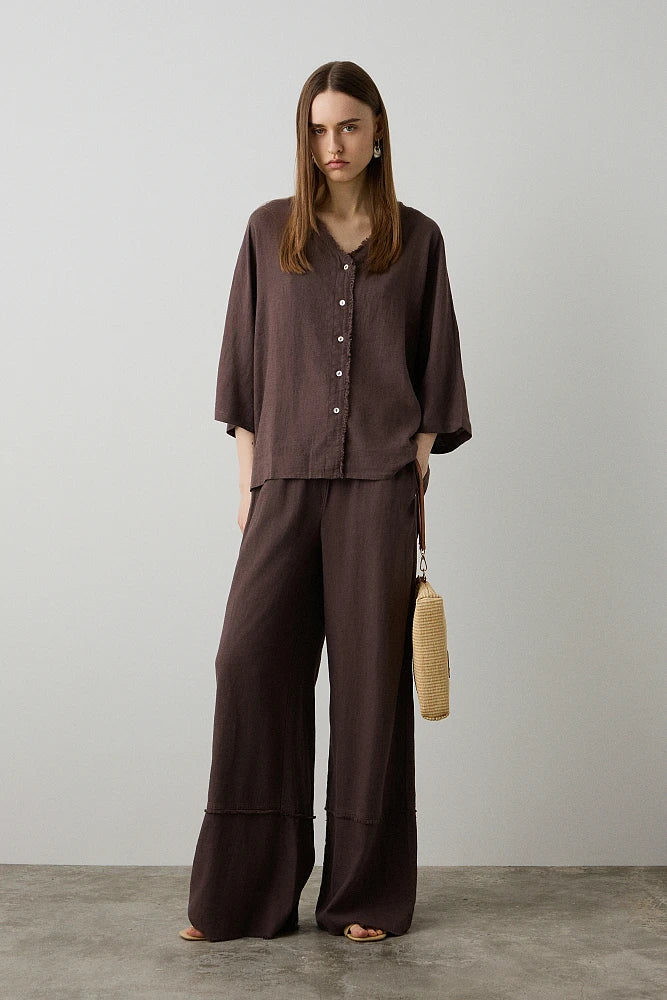 BSB - pantalone palazzo lino - CHOCOLATE