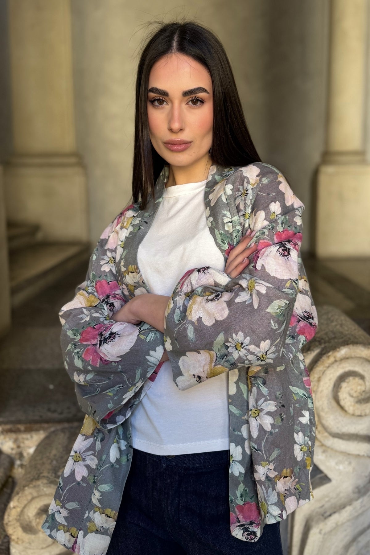 ARTEFILIA-MILANO - giacca alma lino stampato - MONCALIERI GRIGIO