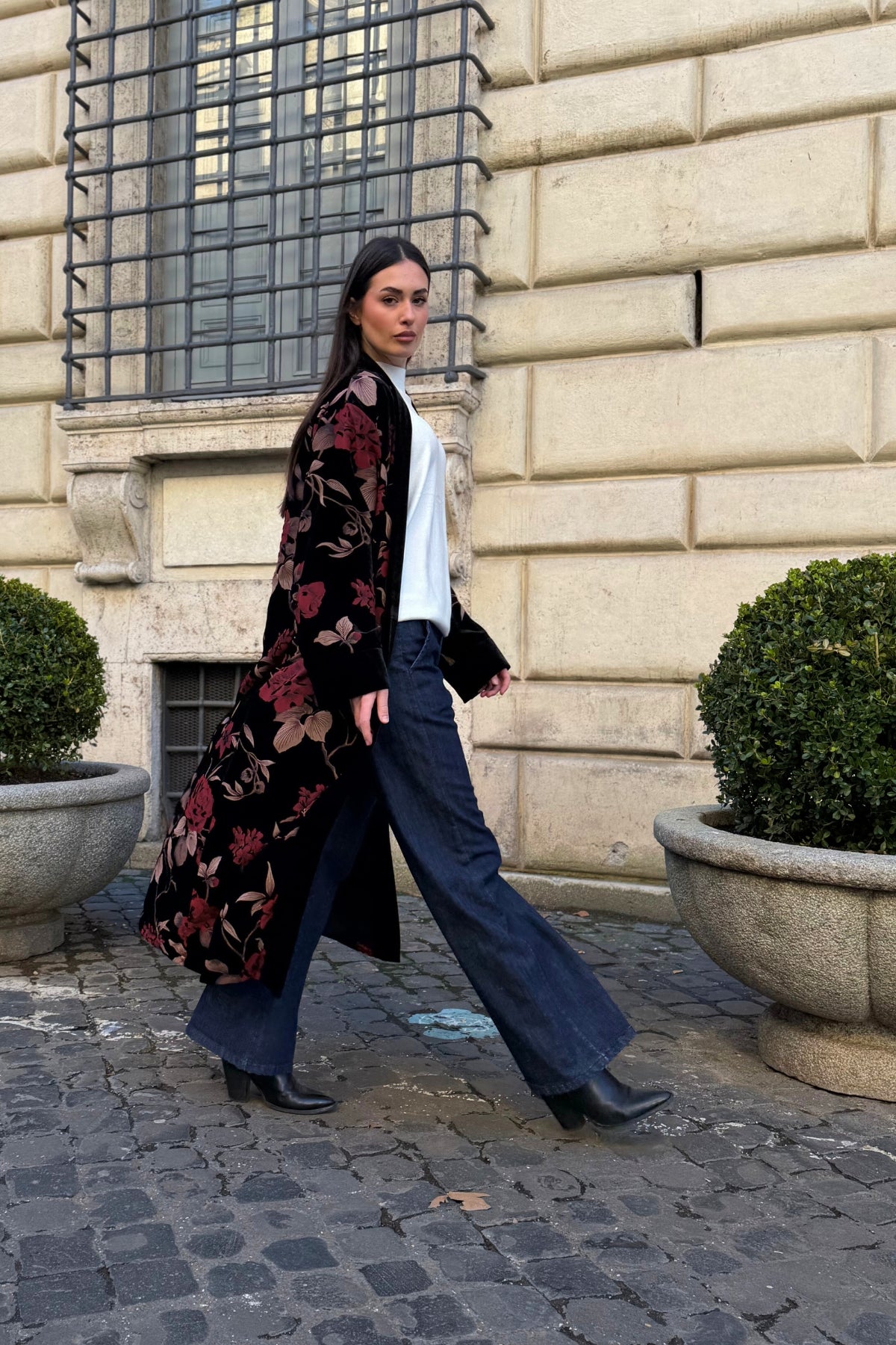 WU-SIDE - kimono extralungo velluto devore - BLACK RED