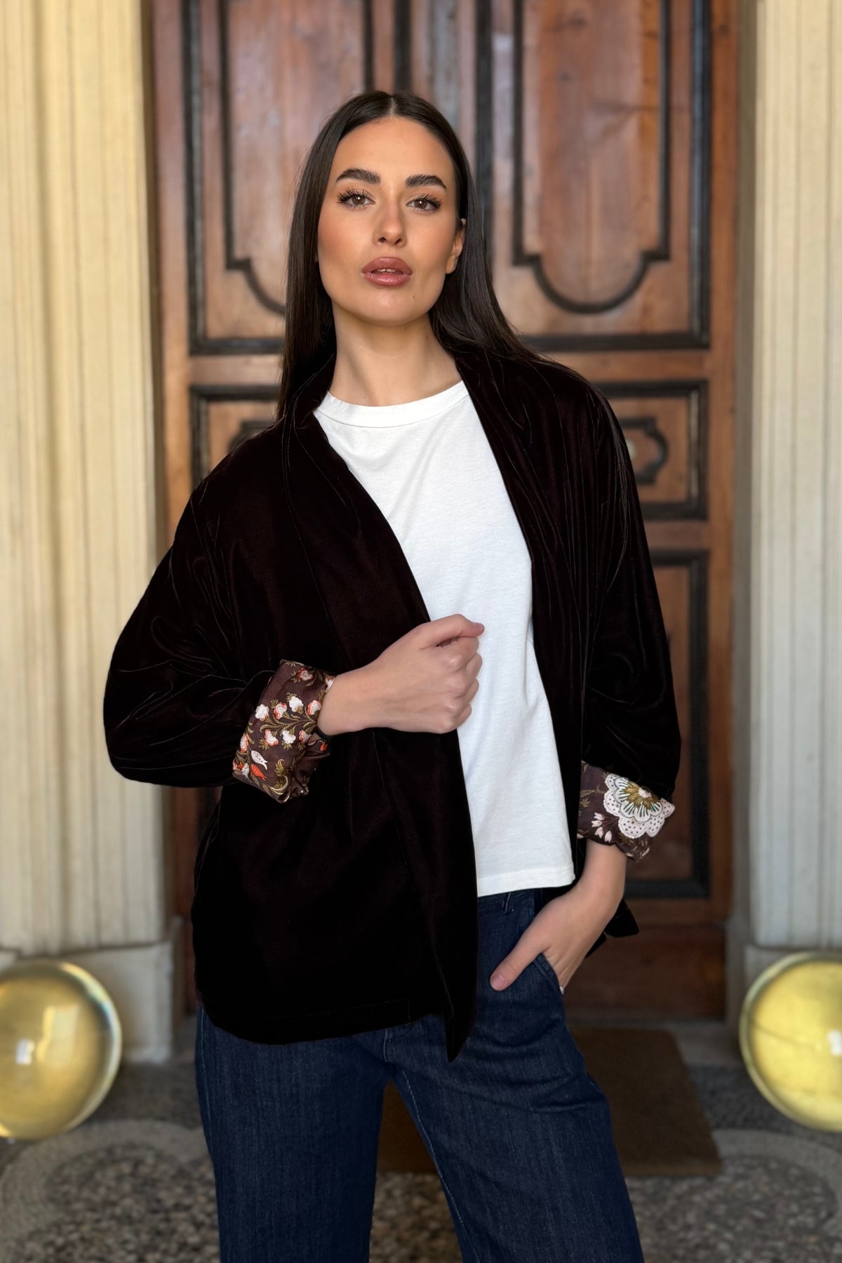 WU-SIDE - giacca kimono velluto - CAFFE