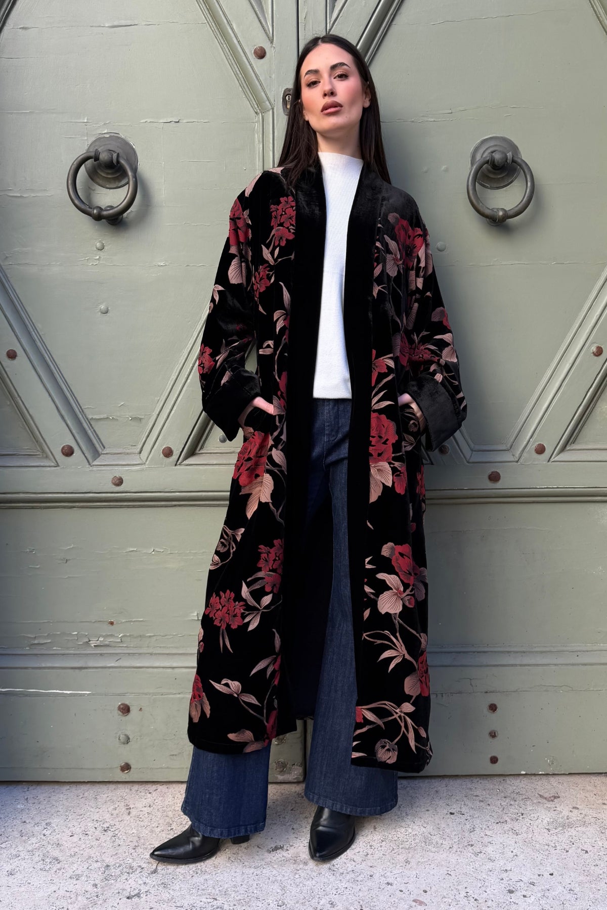 WU-SIDE - kimono extralungo velluto devore - BLACK RED