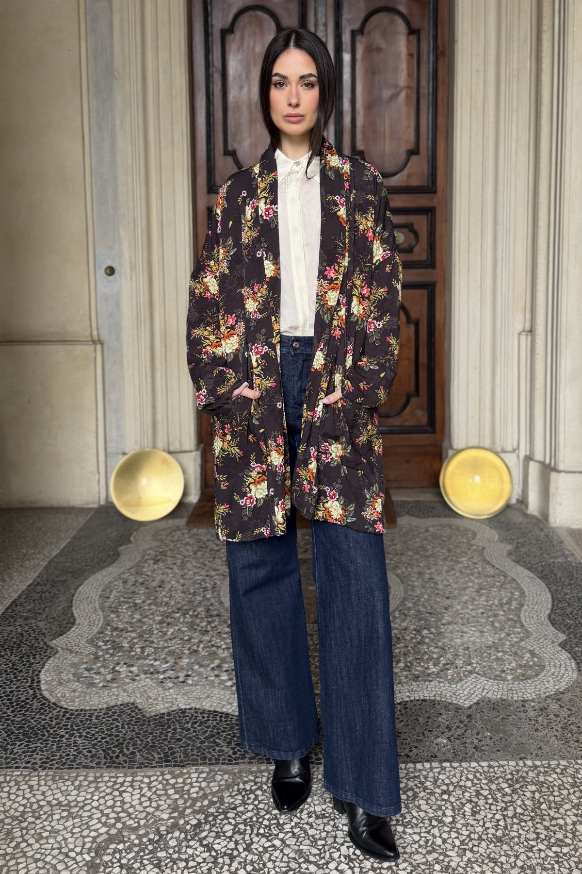 FLOW - kimono samira viscosa fantasia - BLACK FLOWER PINK