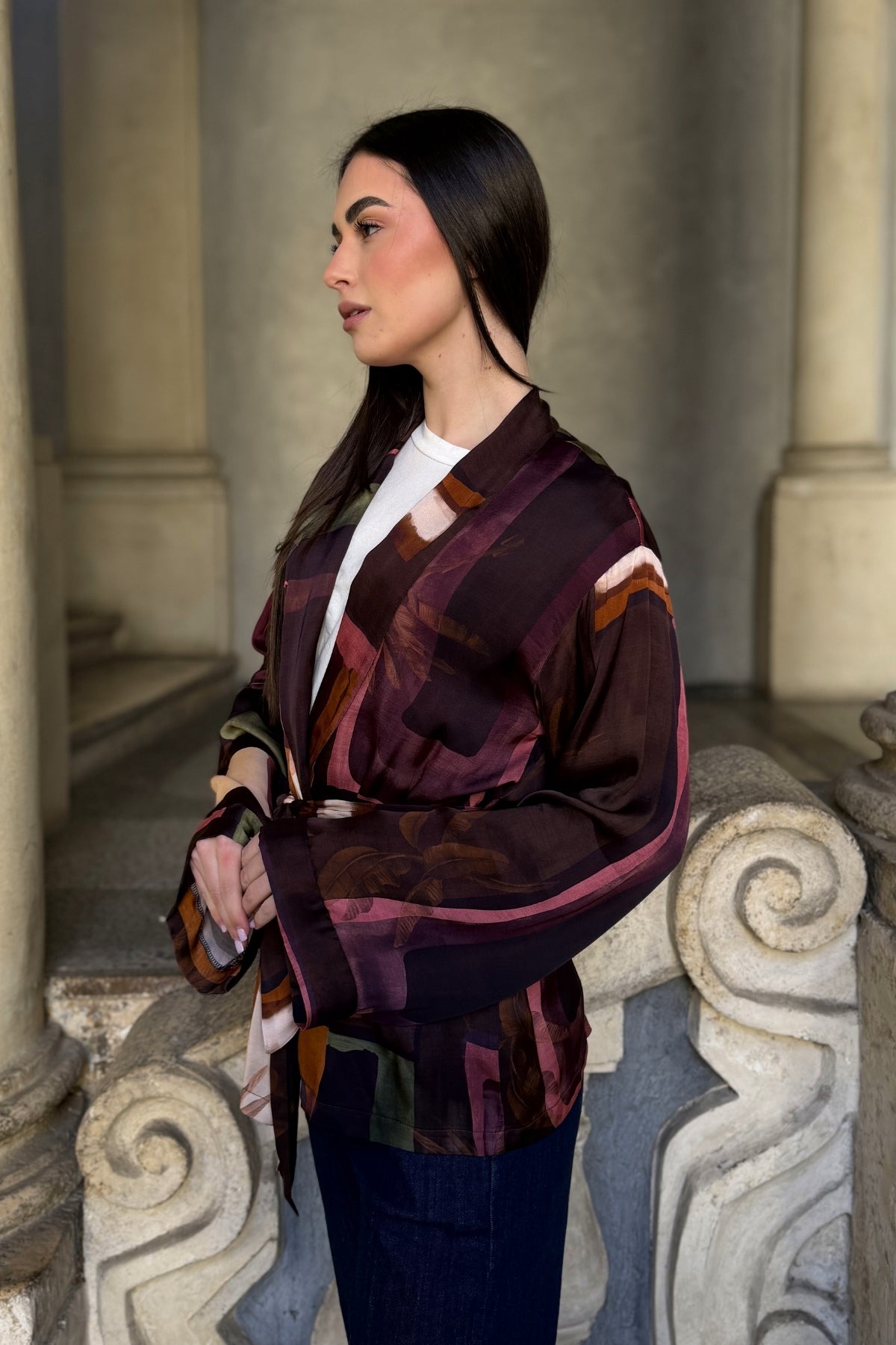 FLOW - giacca kimono mosaico viscosa - CAFFE