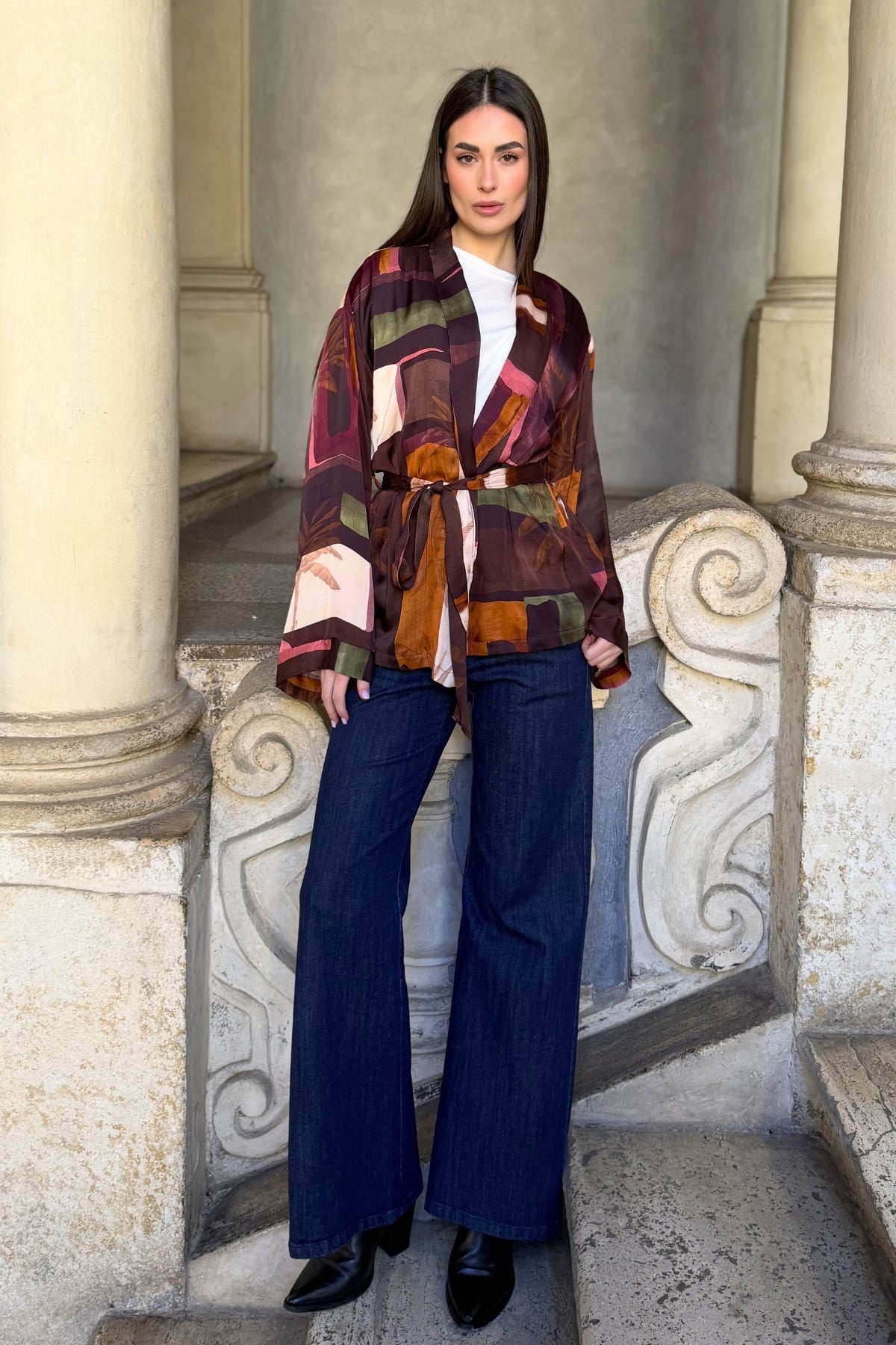 FLOW - giacca kimono mosaico viscosa - CAFFE