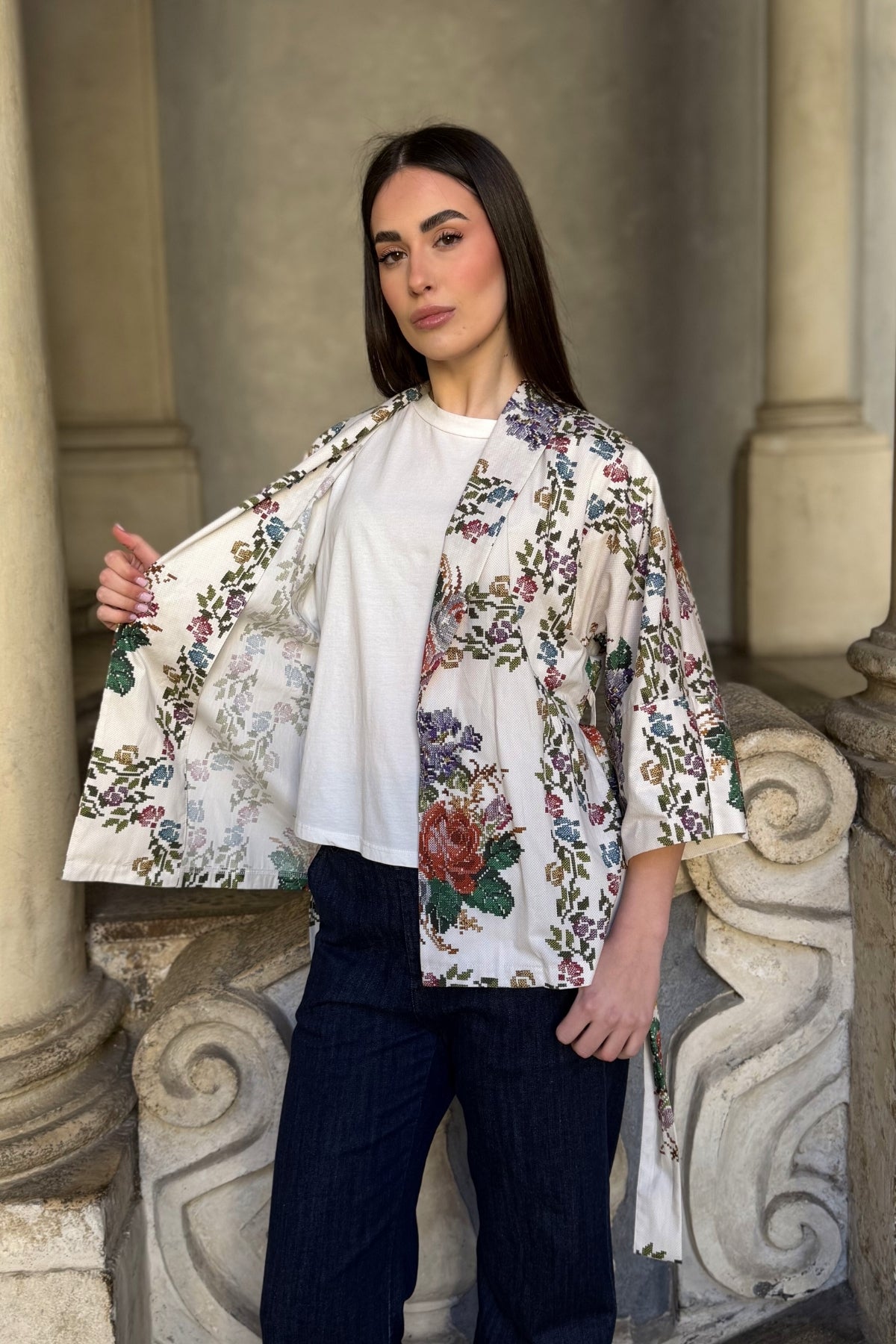 ARTEFILIA-MILANO - giacca kimono peonia - BIANCO