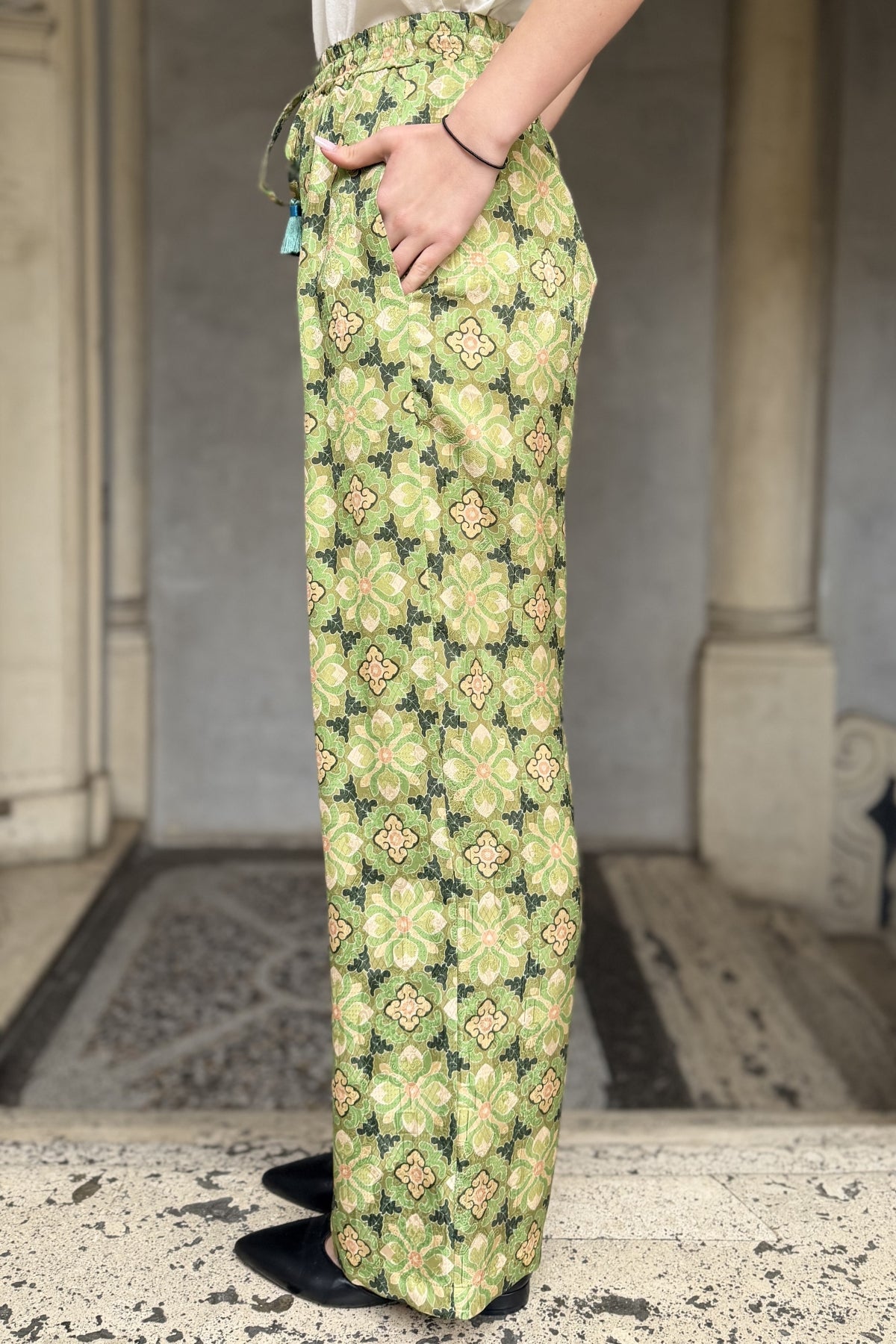 WU-SIDE - pantalone jaquard viscosa - CREMA VERDE