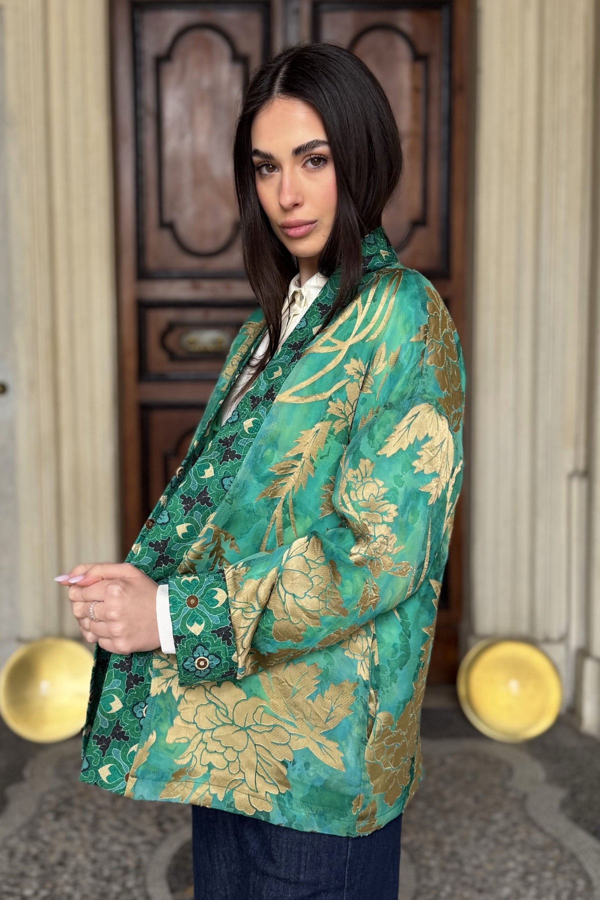 WU-SIDE - giacca kimono devore - SMERALDO