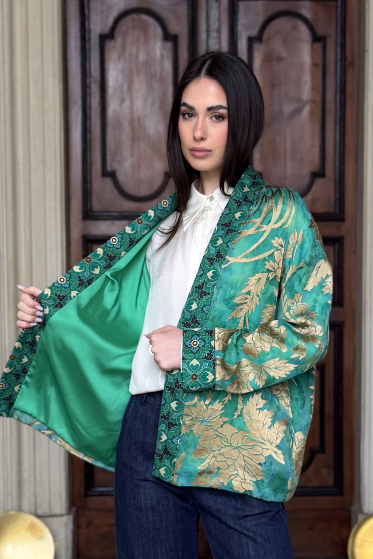 WU-SIDE - giacca kimono devore - SMERALDO