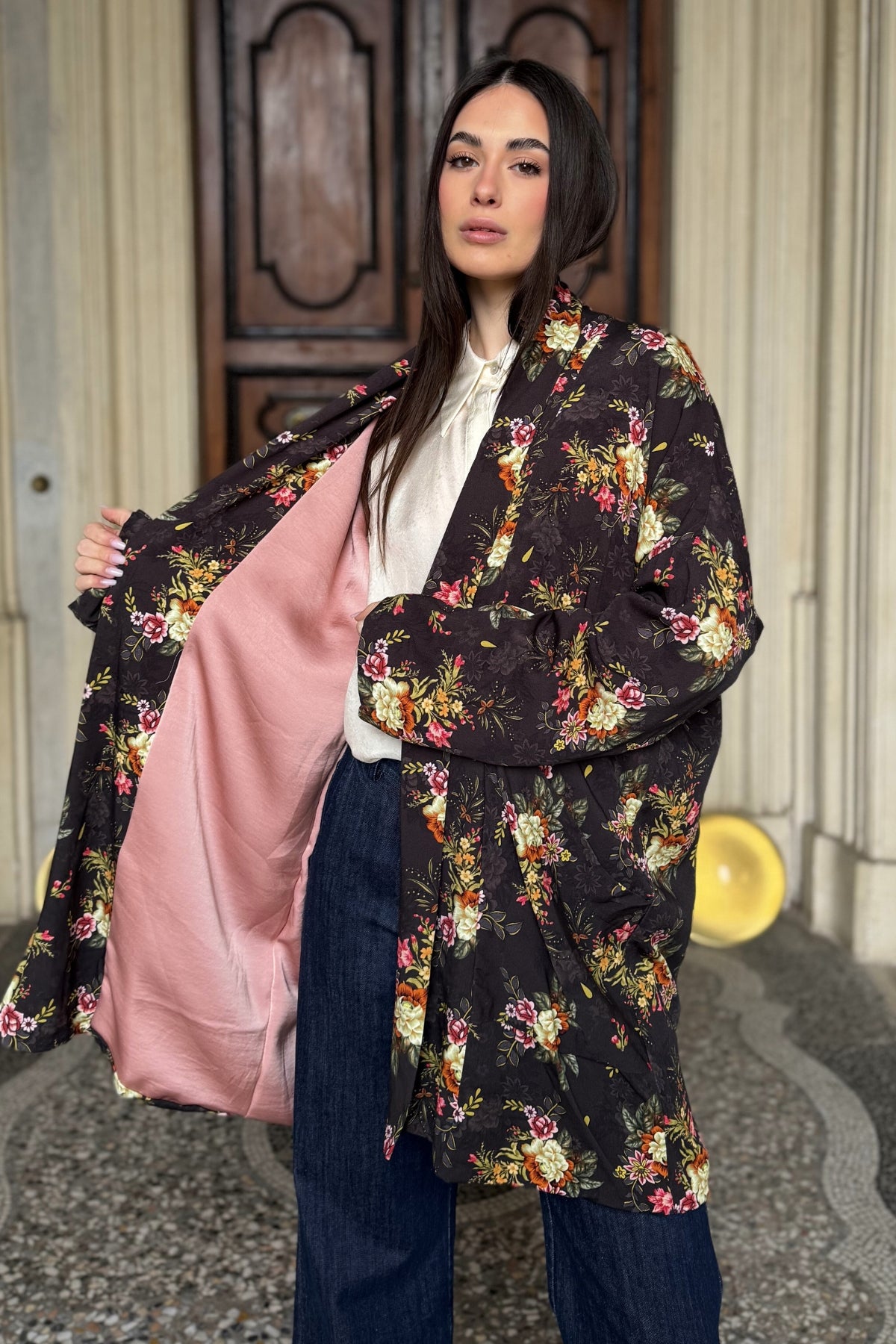 FLOW - kimono samira viscosa fantasia - BLACK FLOWER PINK