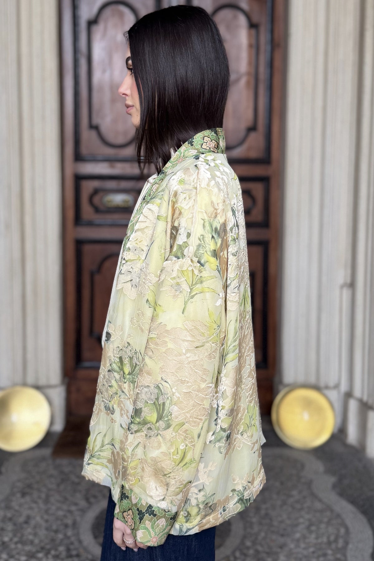 WU-SIDE - giacca kimono devore - CREMA VERDE