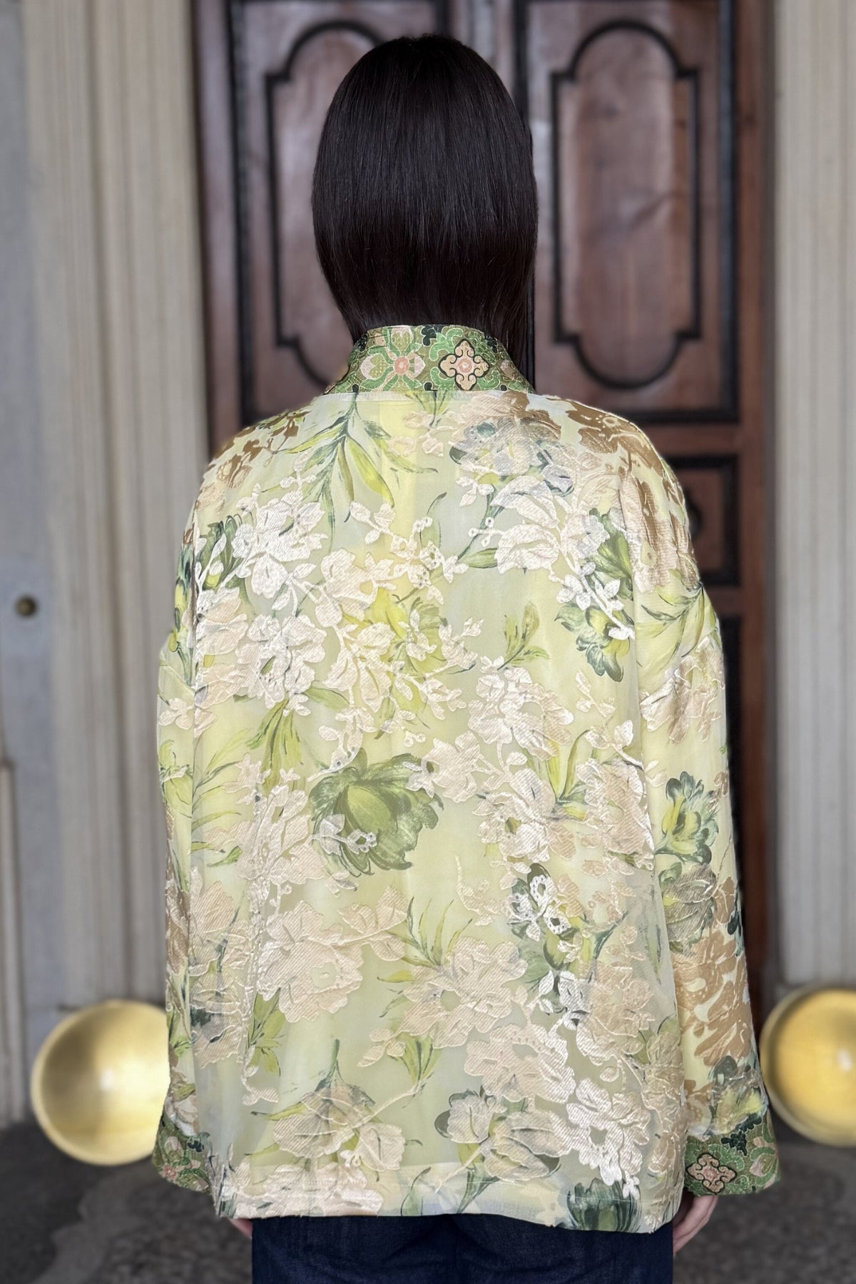 WU-SIDE - giacca kimono devore - CREMA VERDE
